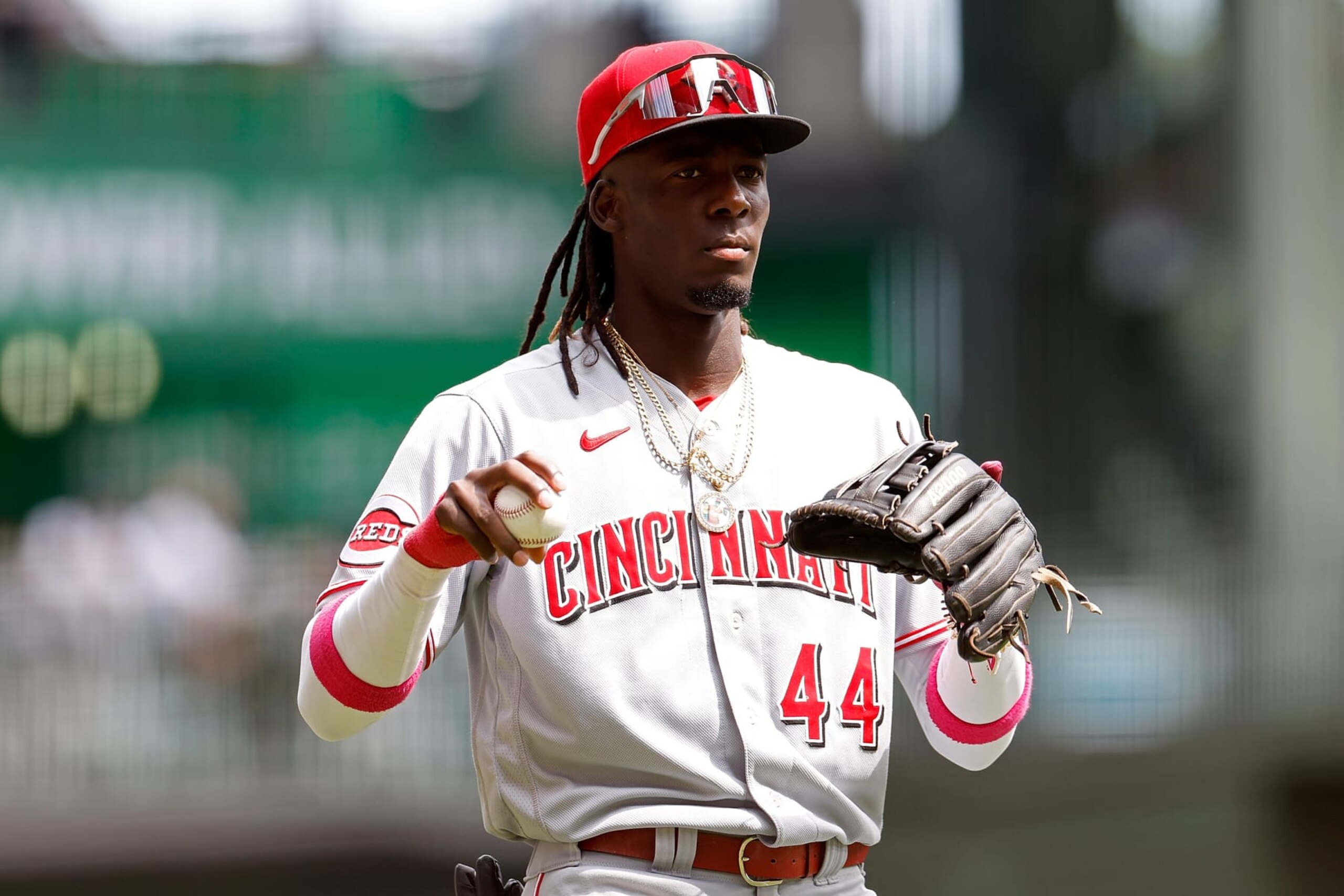 MILWAUKEE, WISCONSIN - JULY 08: Elly De La Cruz #44 of the Cincinnati Reds before the game against the Milwaukee Brewers at American Family Field on July 08, 2023 in Milwaukee, Wisconsin. (Photo by John Fisher/Getty Images)