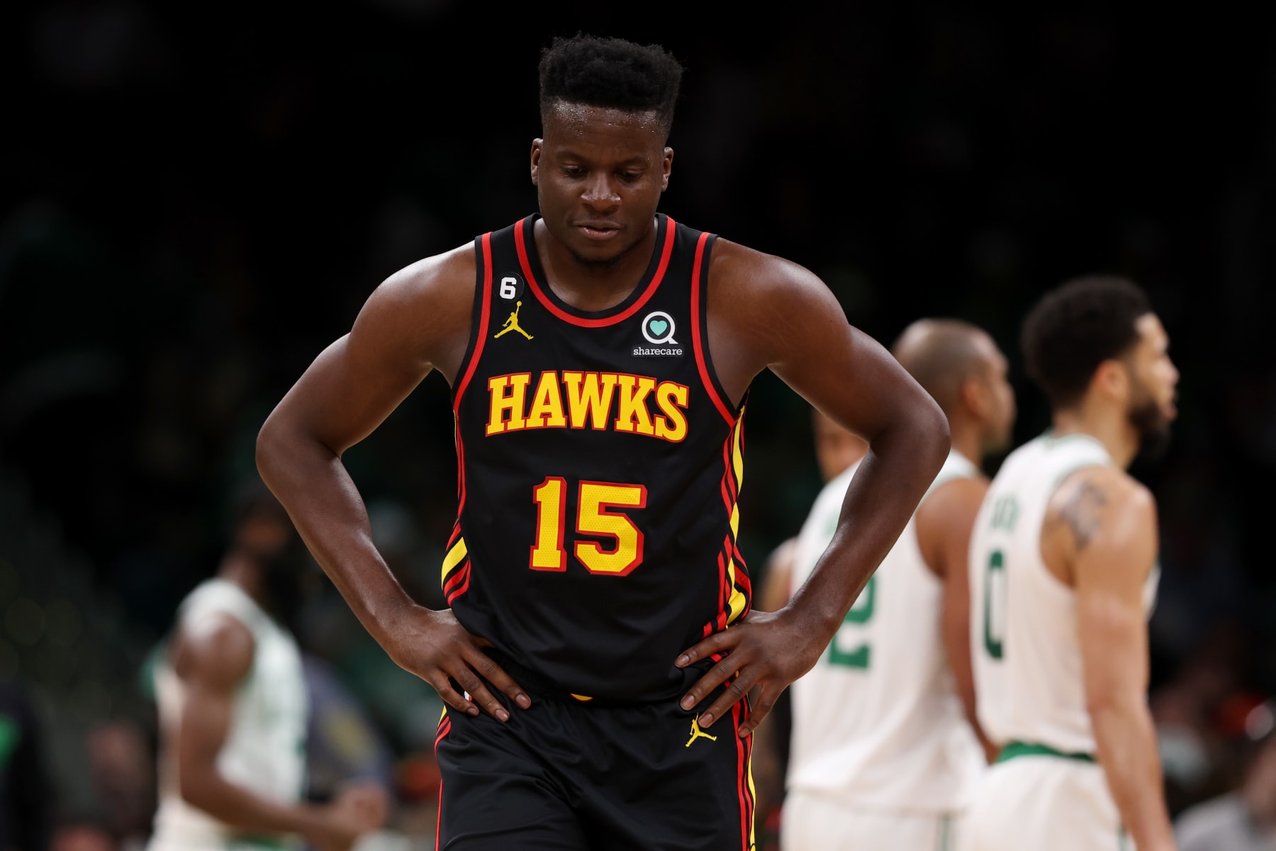 BOSTON, MASSACHUSETTS - APRIL 18: Clint Capela #15 of the Atlanta Hawks looks on during the second quarter of Game Two of the Eastern Conference First Round Playoffs between the Boston Celtics and the Atlanta Hawks at TD Garden on April 18, 2023 in Boston, Massachusetts. NOTE TO USER: User expressly acknowledges and agrees that, by downloading and or using this photograph, User is consenting to the terms and conditions of the Getty Images License Agreement.  (Photo by Maddie Meyer/Getty Images)