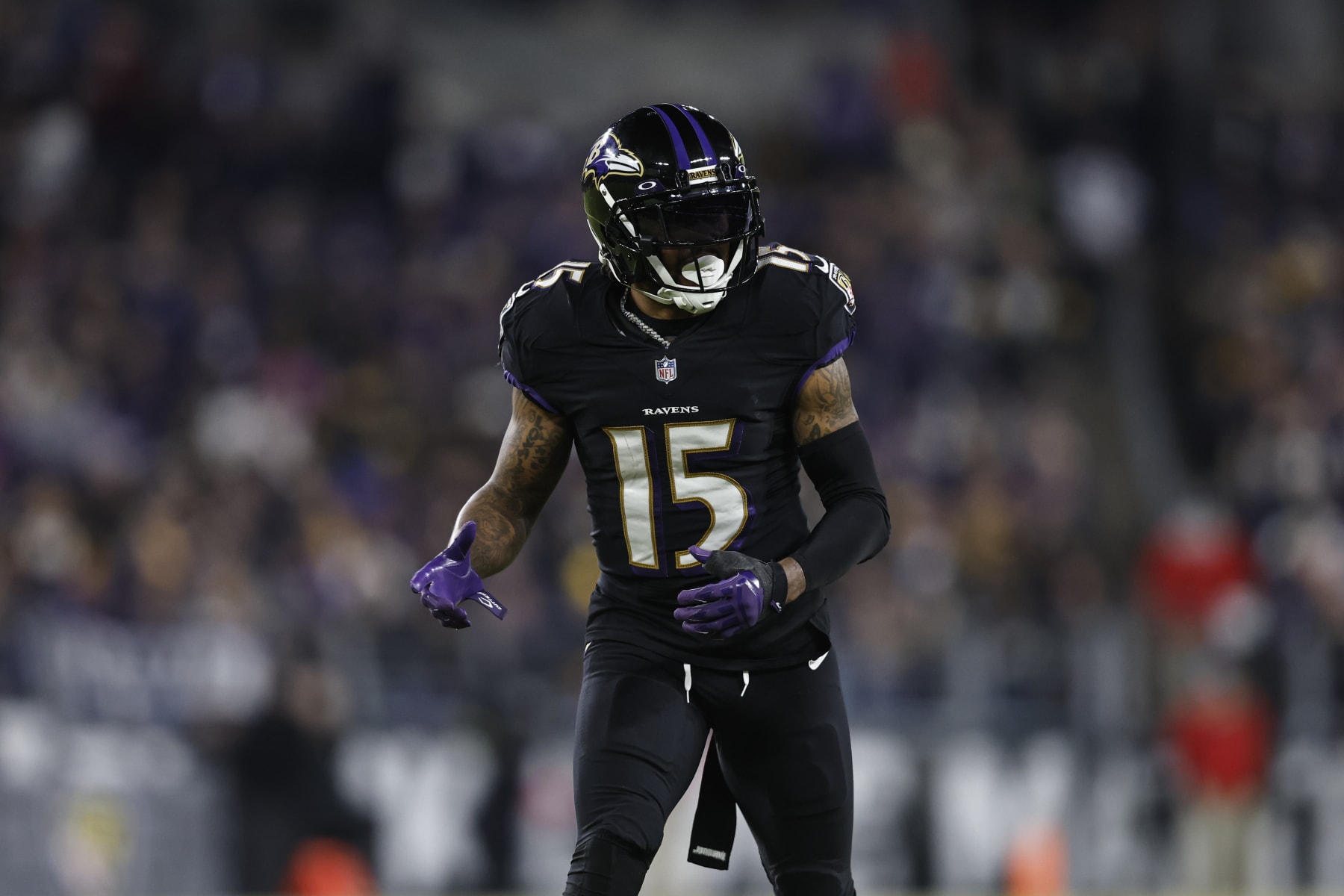 BALTIMORE, MARYLAND - JANUARY 01: DeSean Jackson #15 of the Baltimore Ravens looks on during an NFL football game between the Baltimore Ravens and the Pittsburgh Steelers at M&T Bank Stadium on January 01, 2023 in Baltimore, Maryland. (Photo by Michael Owens/Getty Images) BALTIMORE, MARYLAND - JANUARY 01: DeSean Jackson #15 of the Baltimore Ravens looks on during an NFL football game between the Baltimore Ravens and the Pittsburgh Steelers at M&T Bank Stadium on January 01, 2023 in Baltimore, Maryland. (Photo by Michael Owens/Getty Images)