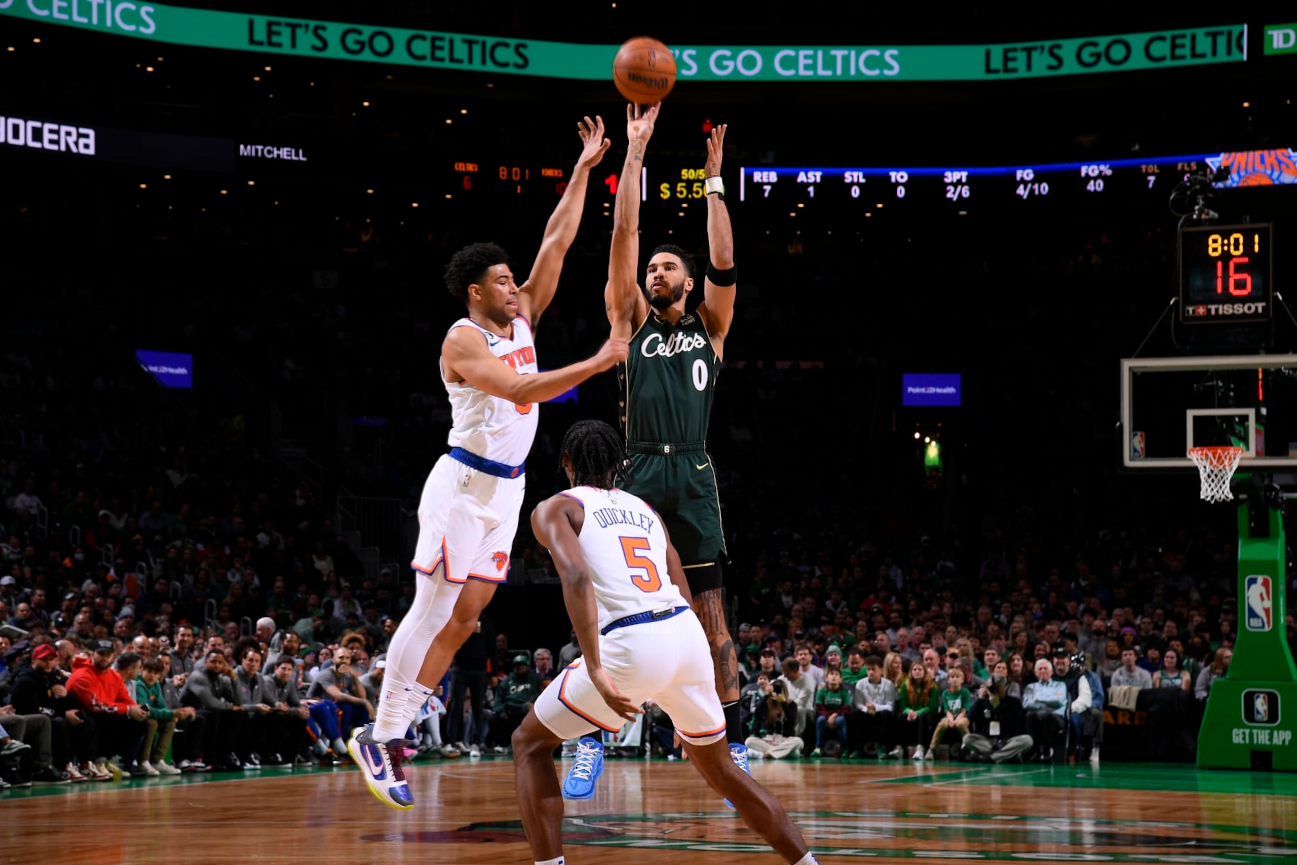 BOSTON, MA - MARCH 5: Jayson Tatum #0 of the Boston Celtics shoots the ball during the game against the New York Knicks on March 5, 2023 at the TD Garden in Boston, Massachusetts. NOTE TO USER: User expressly acknowledges and agrees that, by downloading and or using this photograph, User is consenting to the terms and conditions of the Getty Images License Agreement. Mandatory Copyright Notice: Copyright 2023 NBAE  (Photo by Brian Babineau/NBAE via Getty Images)