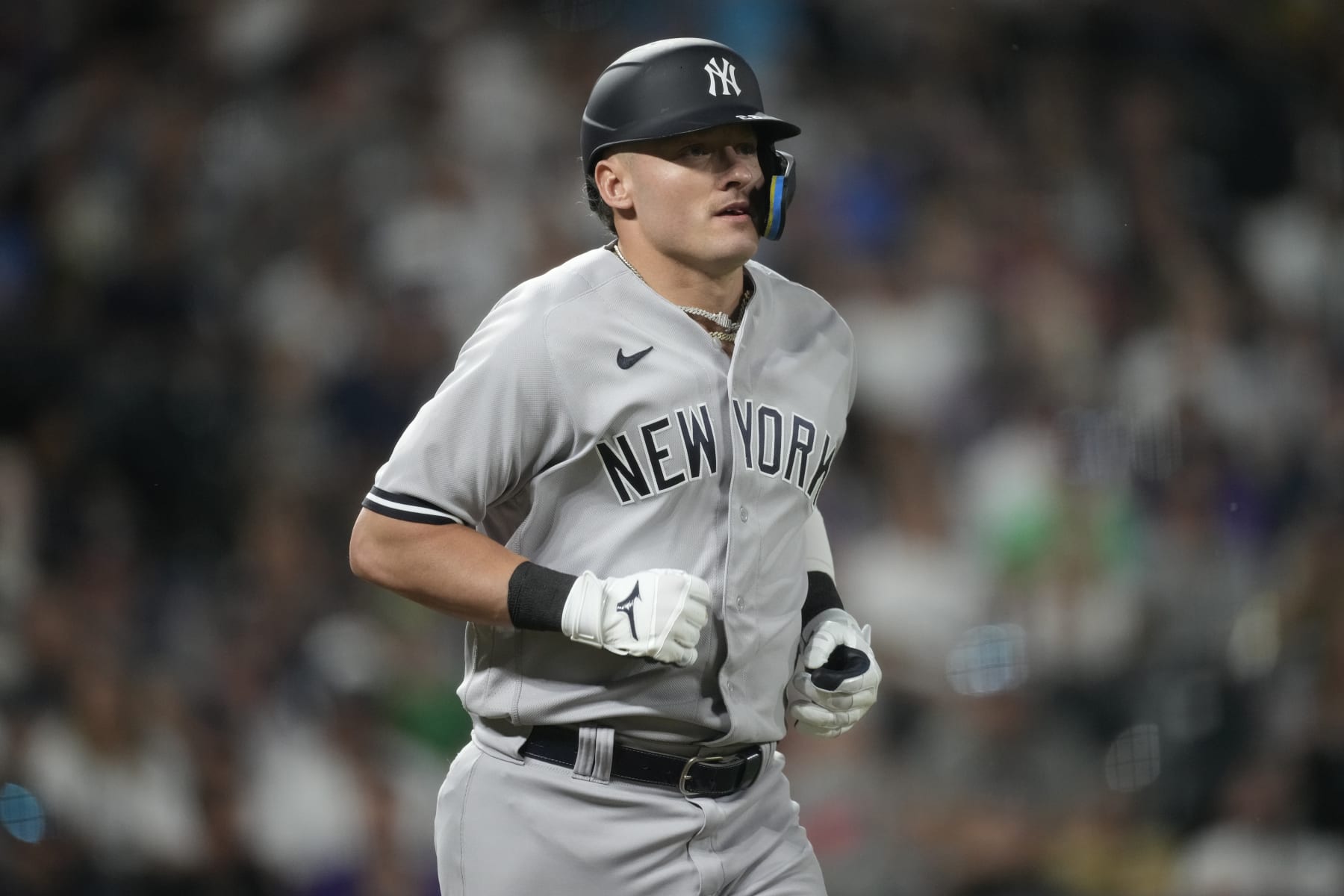 New York Yankees third baseman Josh Donaldson (28) in the ninth inning of a baseball game Friday, July 14, 2023, in Denver.(AP Photo/David Zalubowski)