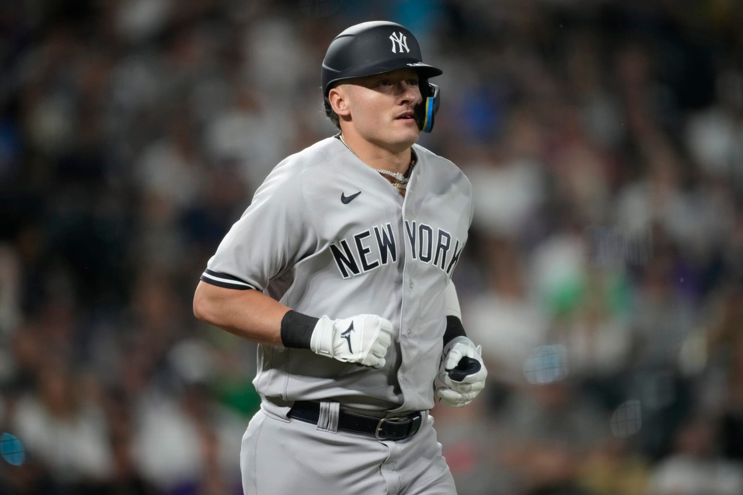 New York Yankees third baseman Josh Donaldson (28) in the ninth inning of a baseball game Friday, July 14, 2023, in Denver.(AP Photo/David Zalubowski)