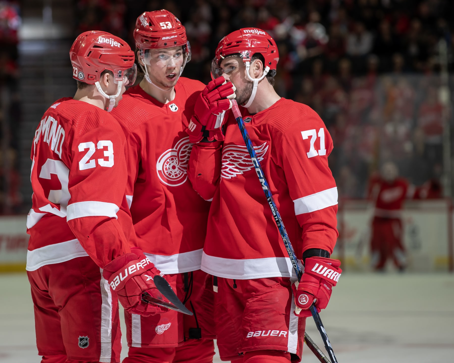 DETROIT, MI - MARCH 30: Dylan Larkin #71 of the Detroit Red Wings talks to Lucas Raymond #23 and Moritz Seider #53 before a face off during the third period of an NHL game against the Carolina Hurricanes at Little Caesars Arena on March 30, 2023 in Detroit, Michigan. Detroit defeated Carolina 3-2. (Photo by Dave Reginek/NHLI via Getty Images)