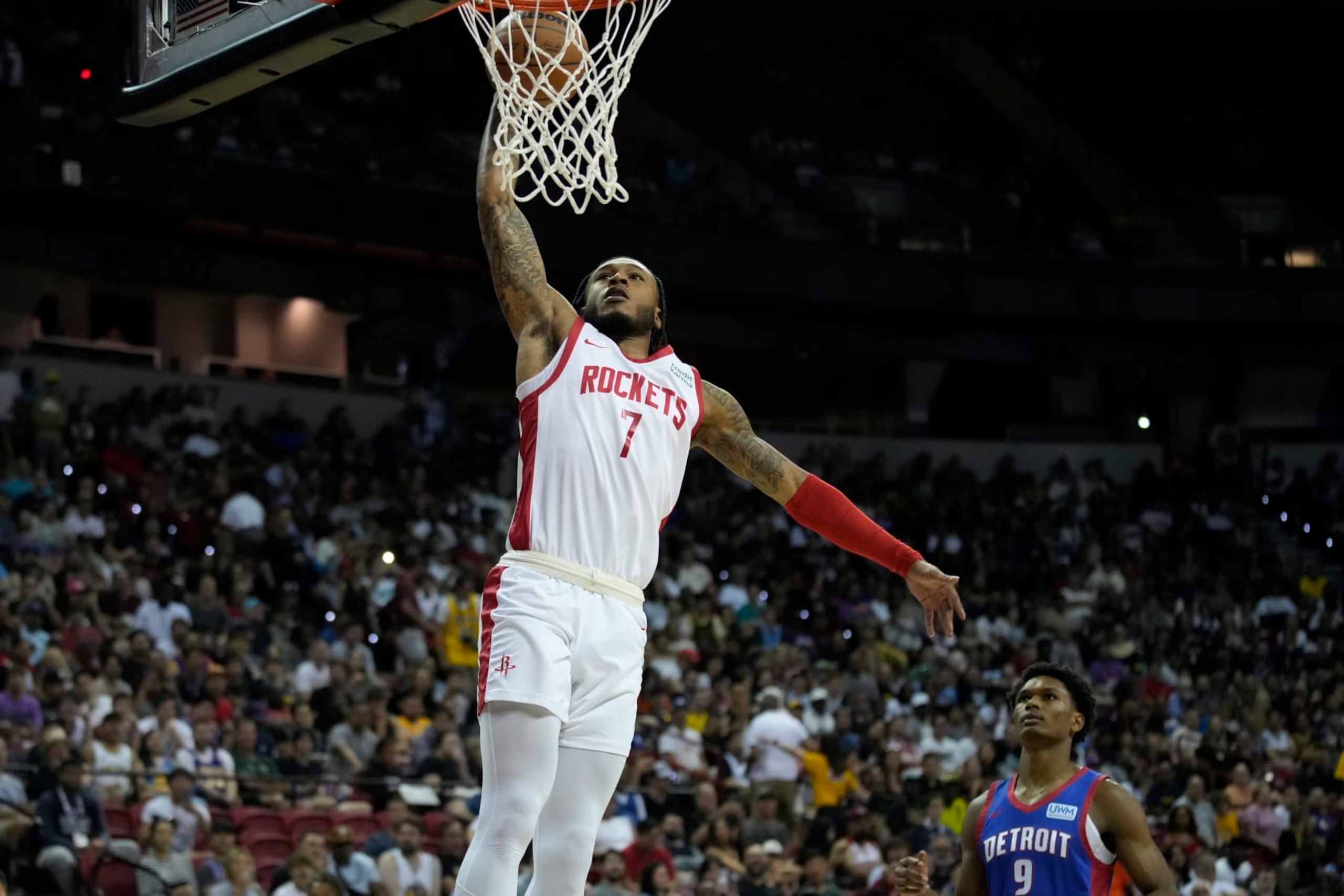 Houston Rockets' Cam Whitmore dunks against the Detroit Pistons during the first half of an NBA summer league basketball game Sunday, July 9, 2023, in Las Vegas. (AP Photo/John Locher) Houston Rockets' Cam Whitmore dunks against the Detroit Pistons during the first half of an NBA summer league basketball game Sunday, July 9, 2023, in Las Vegas. (AP Photo/John Locher)