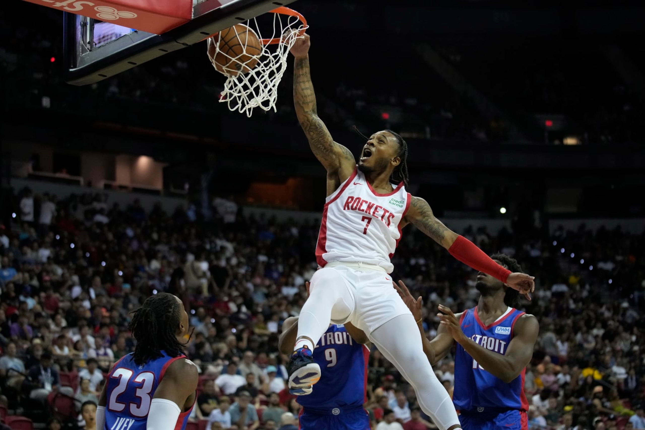 Houston Rockets' Cam Whitmore dunks against the Detroit Pistons during the first half of an NBA summer league basketball game Sunday, July 9, 2023, in Las Vegas. (AP Photo/John Locher) Houston Rockets' Cam Whitmore dunks against the Detroit Pistons during the first half of an NBA summer league basketball game Sunday, July 9, 2023, in Las Vegas. (AP Photo/John Locher)