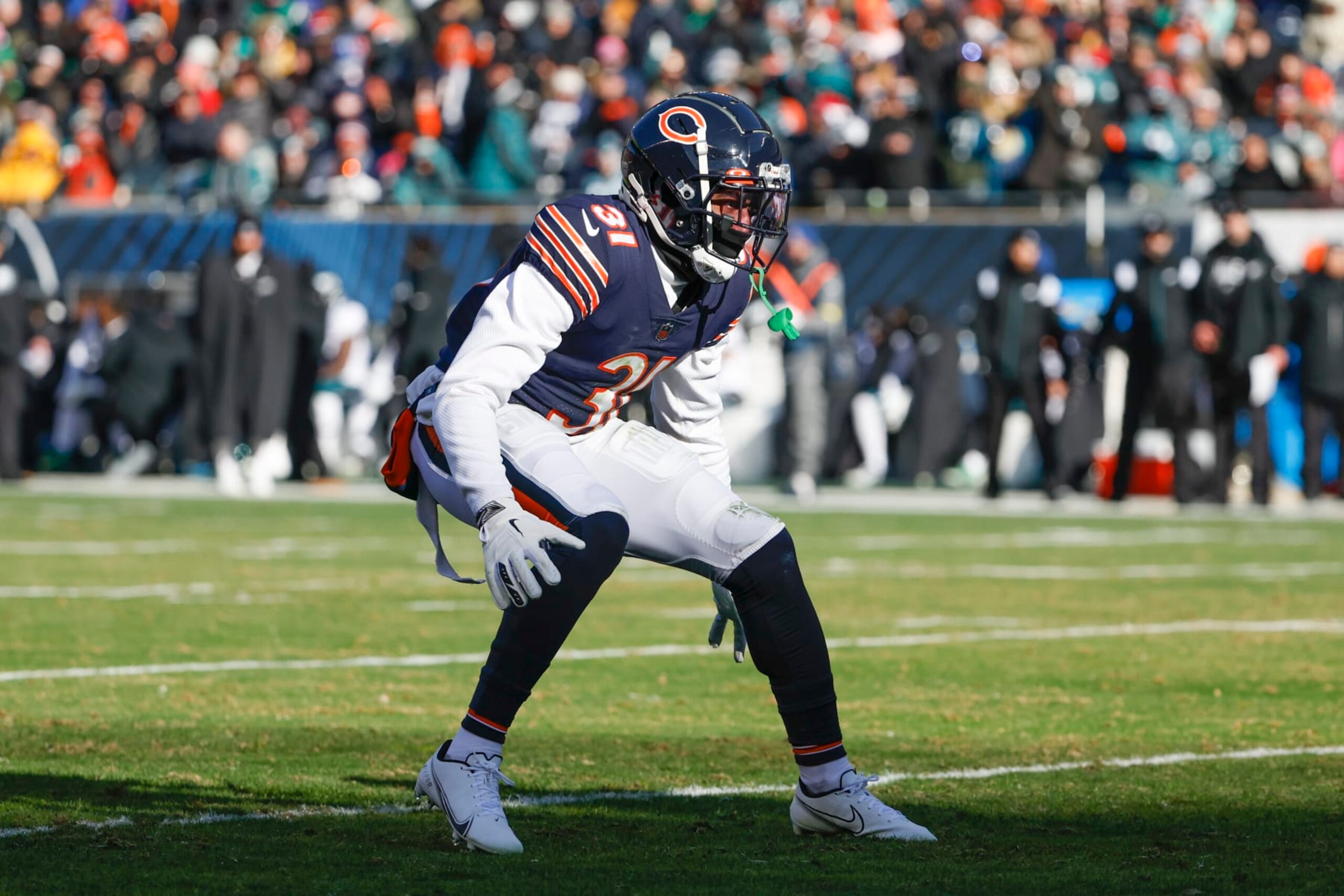 Chicago Bears cornerback Jaylon Jones (31) blocks during the first half of an NFL football game against the Philadelphia Eagles, Sunday, Dec. 18, 2022, in Chicago. (AP Photo/Kamil Krzaczynski)