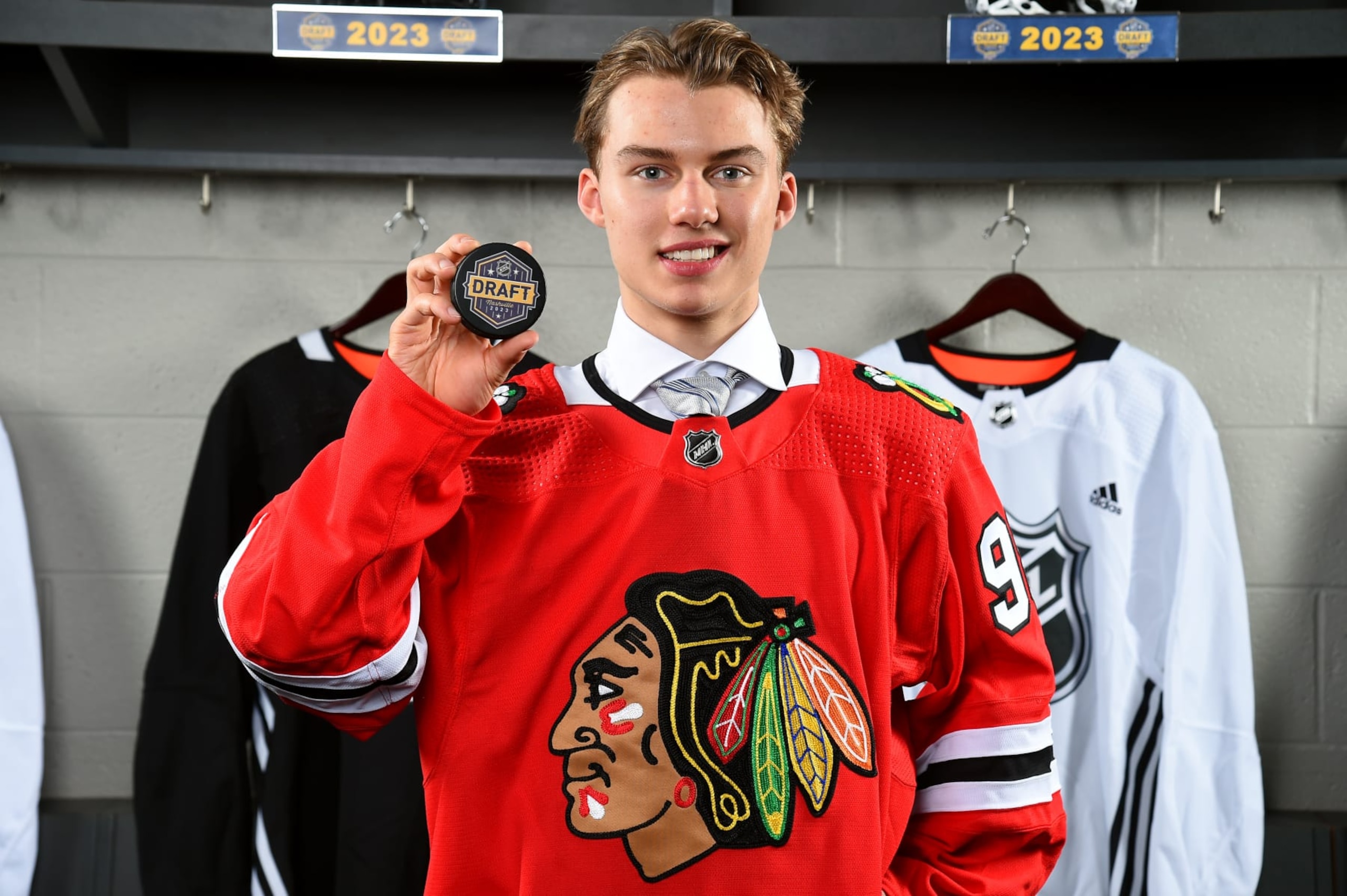 NASHVILLE, TENNESSEE - JUNE 28: Connor Bedard, first overall pick of the Chicago Blackhawks, poses for a portrait after being drafted in the 2023 Upper Deck NHL Draft at Bridgestone Arena on June 28, 2023 in Nashville, Tennessee. (Photo by Brian Babineau/NHLI via Getty Images)
