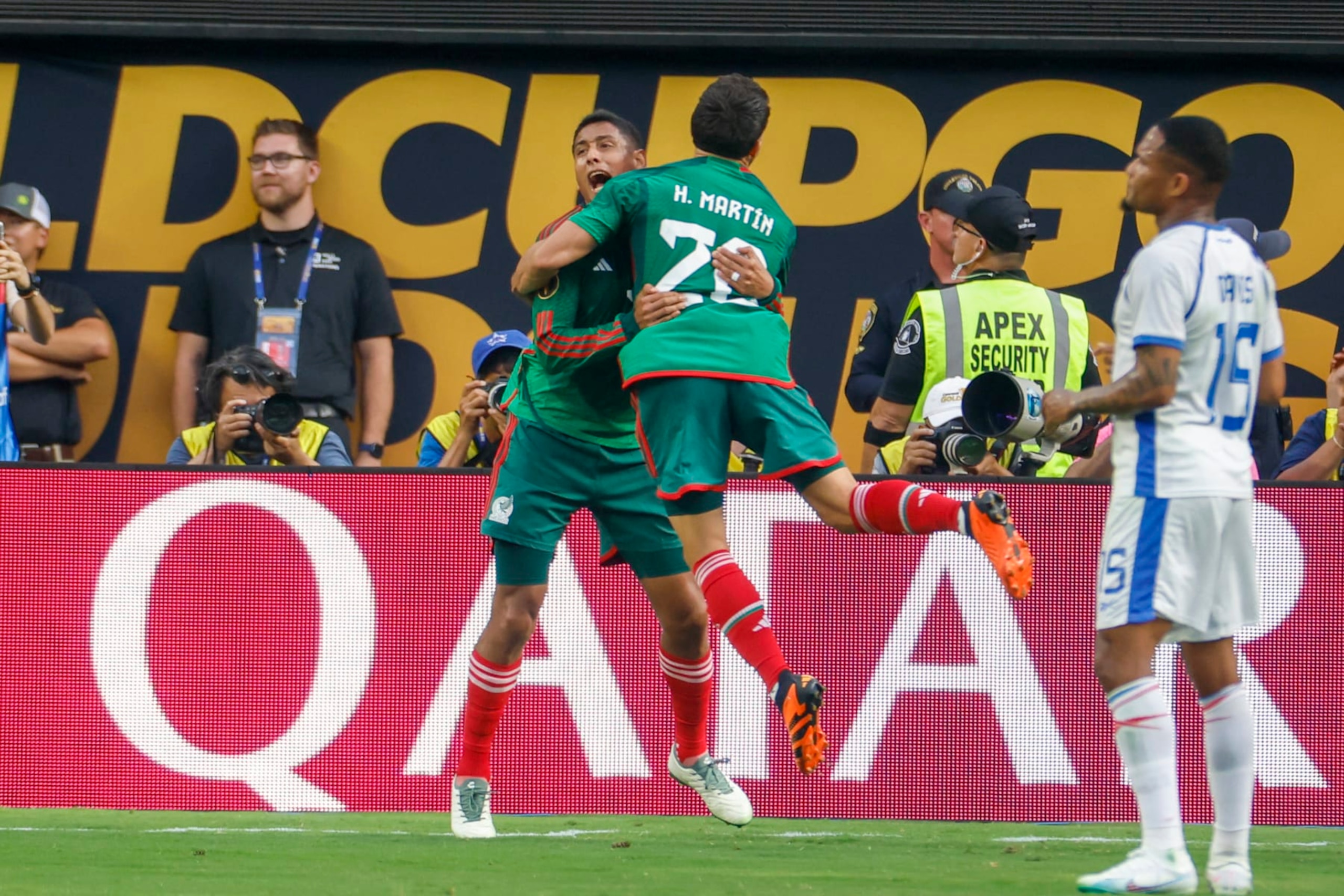 Mexico's forward Henry Martin (C) celebrates scoring a goal which was later disallowed after a VAR review during the Concacaf 2023 Gold Cup final football match between Mexico and Panama at SoFi Stadium in Inglewood, California, on July 16, 2023. (Photo by RINGO CHIU / AFP) (Photo by RINGO CHIU/AFP via Getty Images)