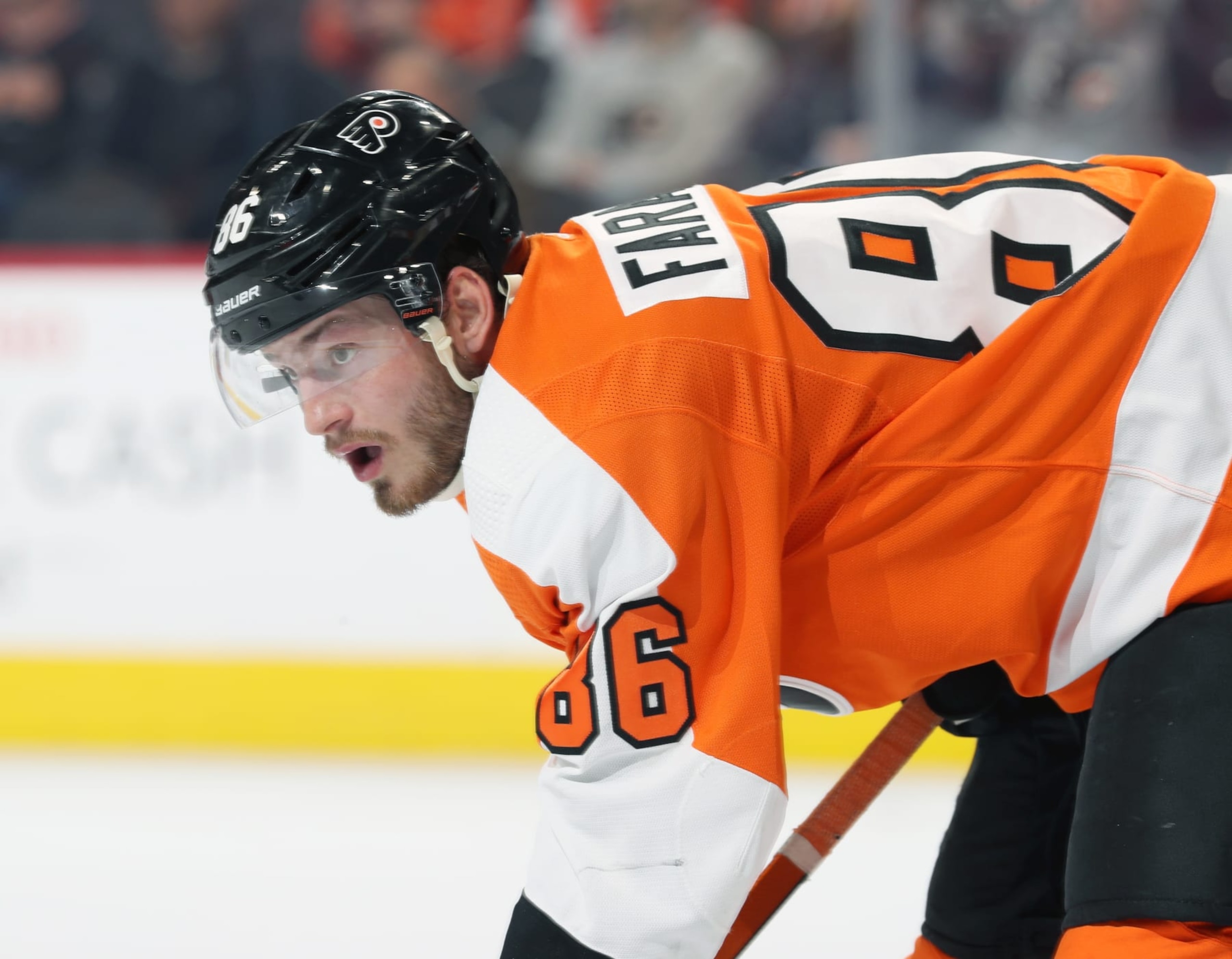 PHILADELPHIA, PENNSYLVANIA - MARCH 28:  Joel Farabee #86 of the Philadelphia Flyers looks on against the Montreal Canadiens at the Wells Fargo Center on March 28, 2023 in Philadelphia, Pennsylvania.  (Photo by Len Redkoles/NHLI via Getty Images)