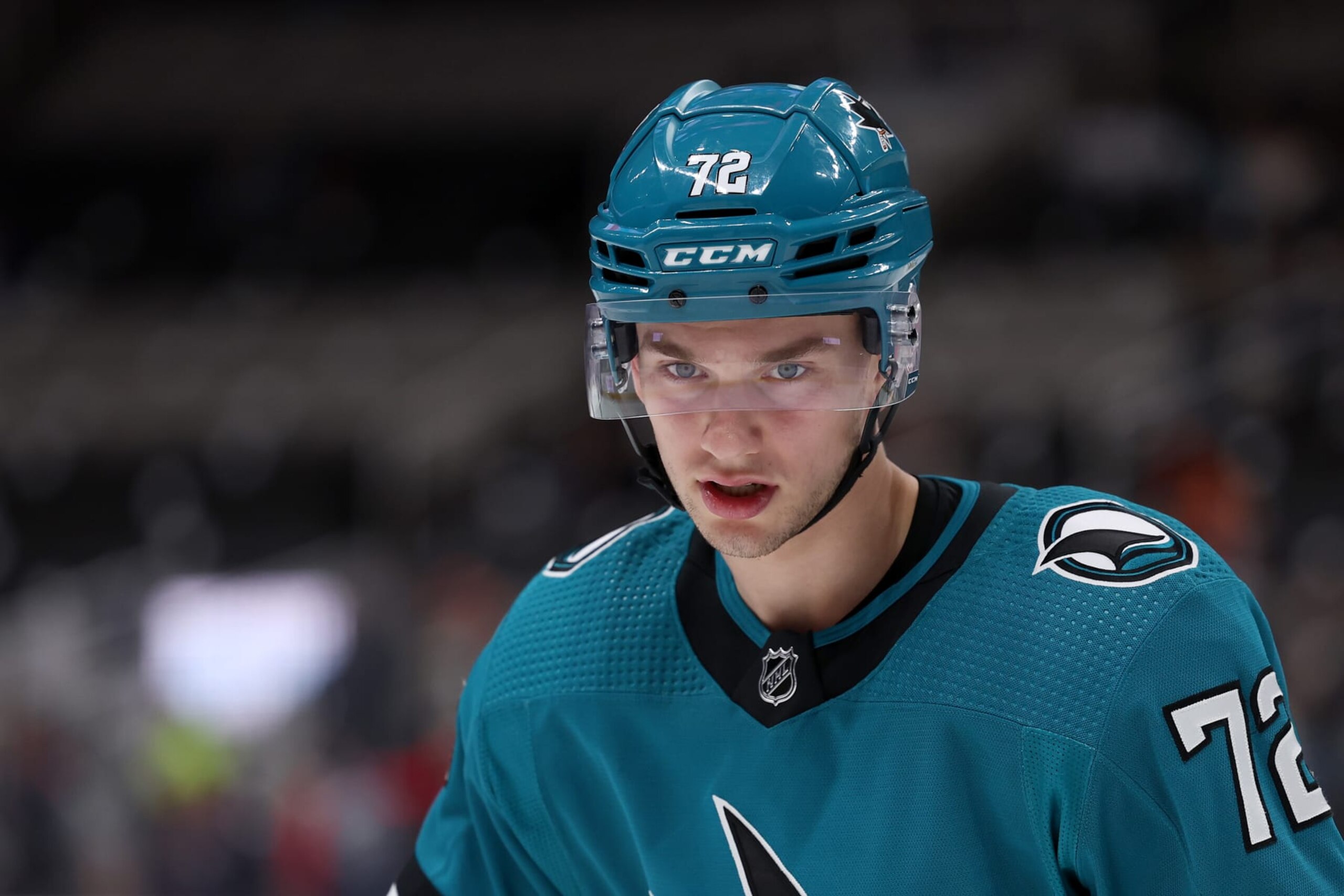 SAN JOSE, CALIFORNIA - MARCH 14: William Eklund #72 of the San Jose Sharks warms up before their game against the Columbus Blue Jackets at SAP Center on March 14, 2023 in San Jose, California. (Photo by Ezra Shaw/Getty Images)