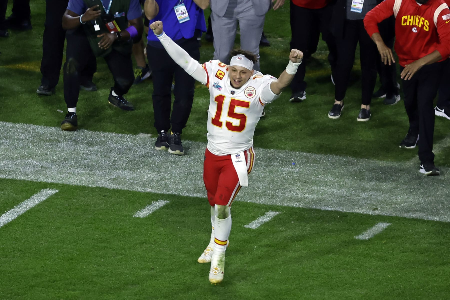 Kansas City Chiefs quarterback Patrick Mahomes (15) reacts after defeating the Philadelphia Eagles in the NFL Super Bowl 57 football game Sunday, Feb. 12, 2023, in Glendale, Ariz. (AP Photo/Adam Hunger)