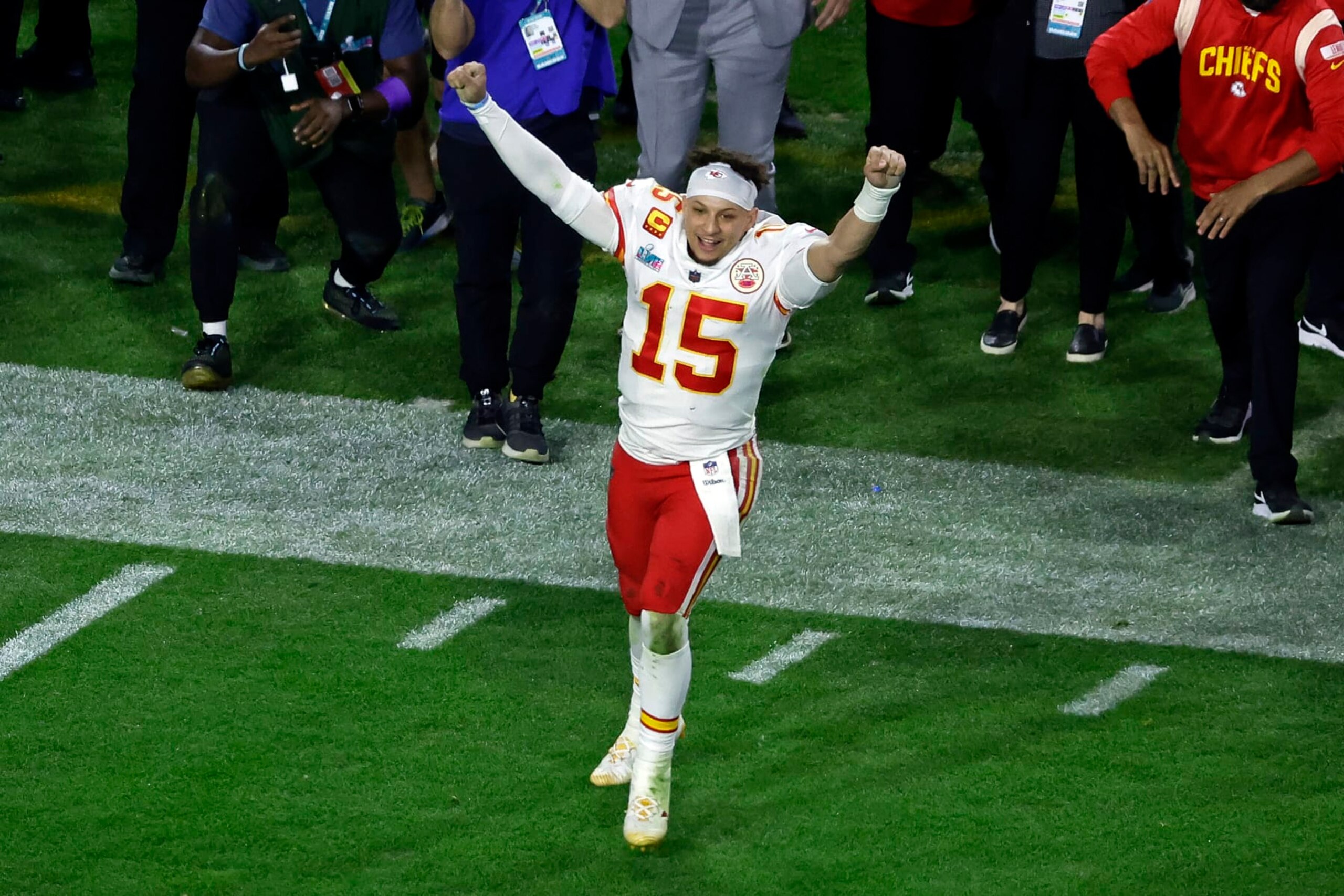 Kansas City Chiefs quarterback Patrick Mahomes (15) reacts after defeating the Philadelphia Eagles in the NFL Super Bowl 57 football game Sunday, Feb. 12, 2023, in Glendale, Ariz. (AP Photo/Adam Hunger)