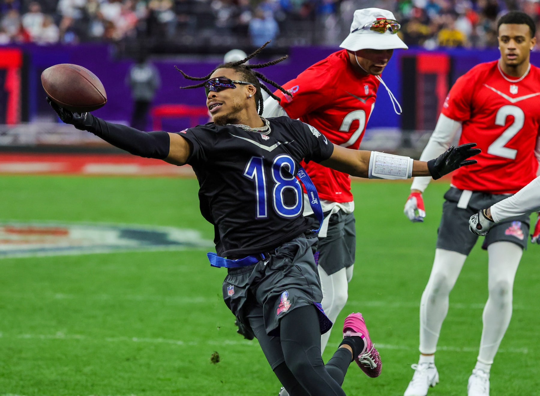 LAS VEGAS, NEVADA - FEBRUARY 05: Justin Jefferson #18 of the Minnesota Vikings and NFC carries the ball against the AFC during the 2023 NFL Pro Bowl Games at Allegiant Stadium on February 05, 2023 in Las Vegas, Nevada. (Photo by Ethan Miller/Getty Images)