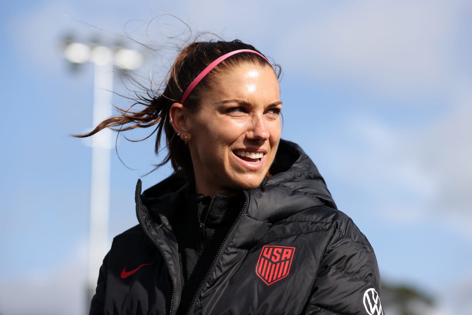 AUCKLAND, NEW ZEALAND - JULY 12: Alex Morgan speaks to media during the USWNT training session ahead of the FIFA Women's World Cup football at Bay City Park, Browns Bay on July 12, 2023 in Auckland, New Zealand. (Photo by Fiona Goodall - FIFA/FIFA via Getty Images)