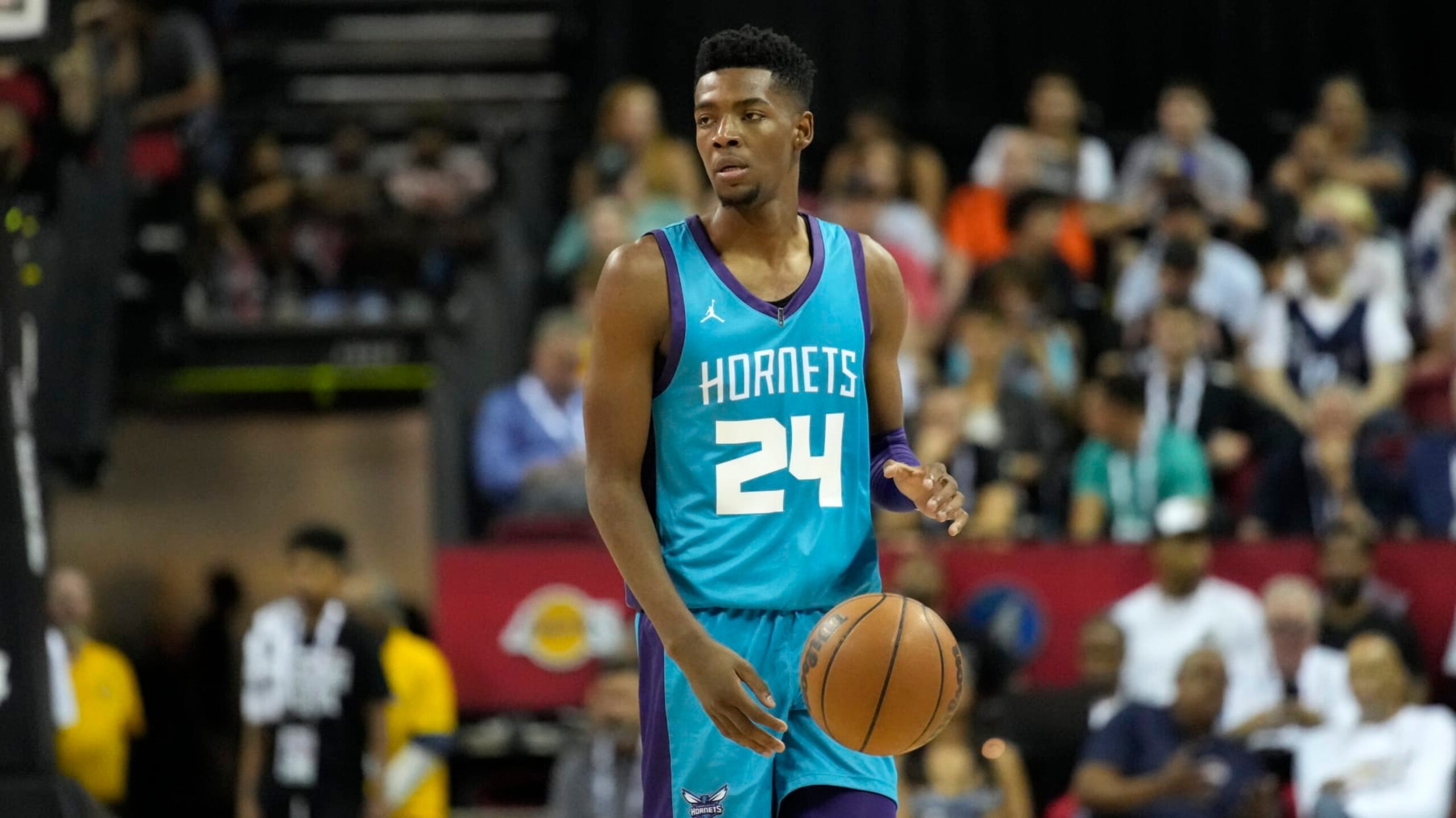 Charlotte Hornets' Brandon Miller plays against the San Antonio Spurs during the second half of an NBA summer league basketball game Friday, July 7, 2023, in Las Vegas. (AP Photo/John Locher)