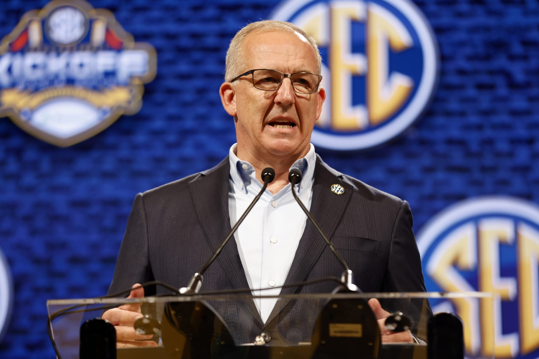 NASHVILLE, TENNESSEE - JULY 17: SEC Commissioner Greg Sankey speaks during Day One of 2023 SEC Media Days at Grand Hyatt Nashville on July 17, 2023 in Nashville, Tennessee. (Photo by Johnnie Izquierdo/Getty Images)