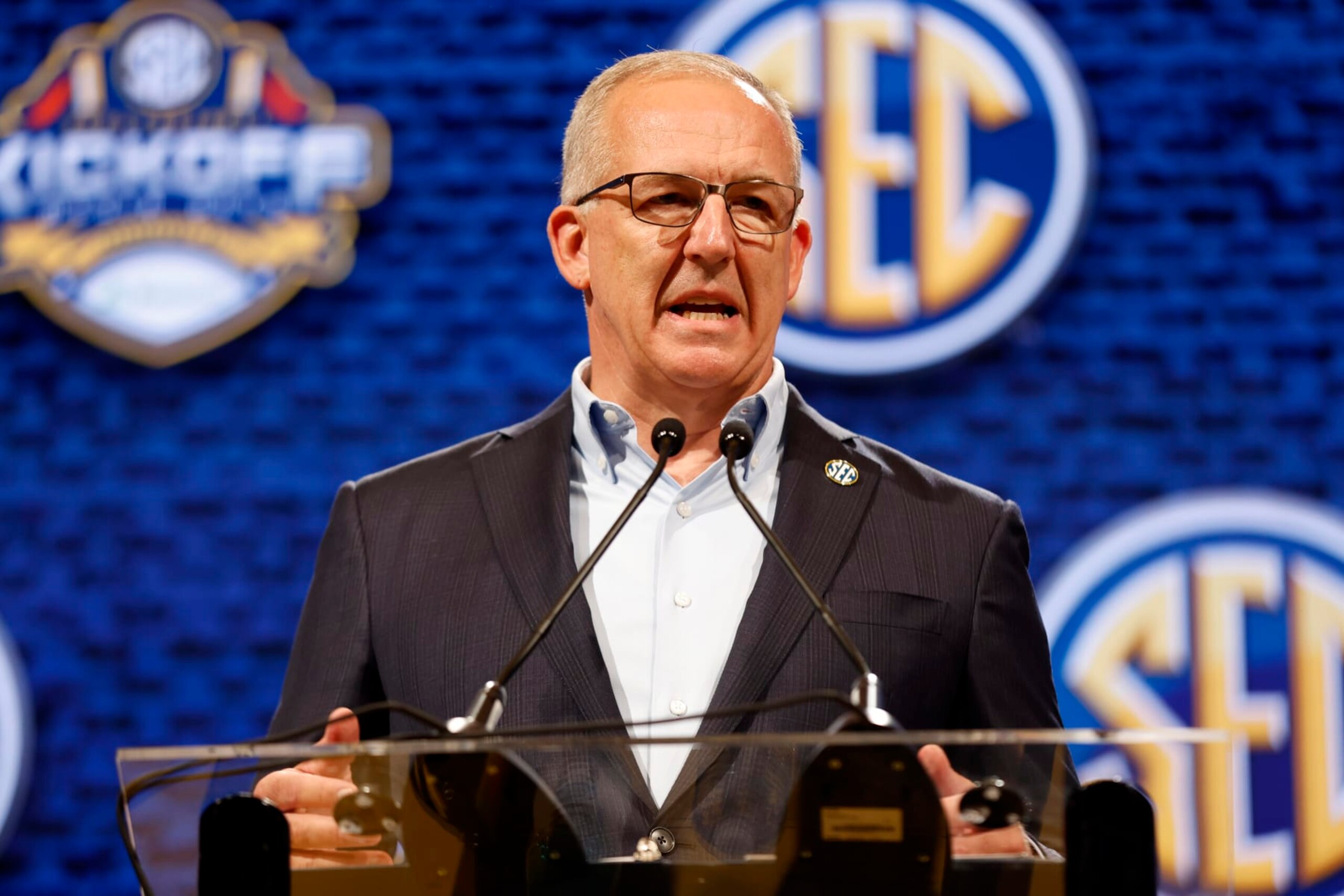 NASHVILLE, TENNESSEE - JULY 17: SEC Commissioner Greg Sankey speaks during Day One of 2023 SEC Media Days at Grand Hyatt Nashville on July 17, 2023 in Nashville, Tennessee. (Photo by Johnnie Izquierdo/Getty Images)