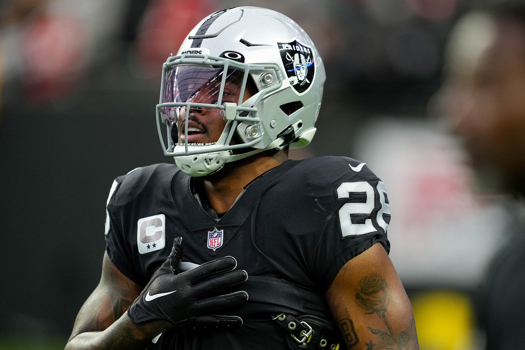 LAS VEGAS, NEVADA - JANUARY 07: Josh Jacobs #28 of the Las Vegas Raiders warms up prior to playing the Kansas City Chiefs at Allegiant Stadium on January 07, 2023 in Las Vegas, Nevada. (Photo by Jeff Bottari/Getty Images)