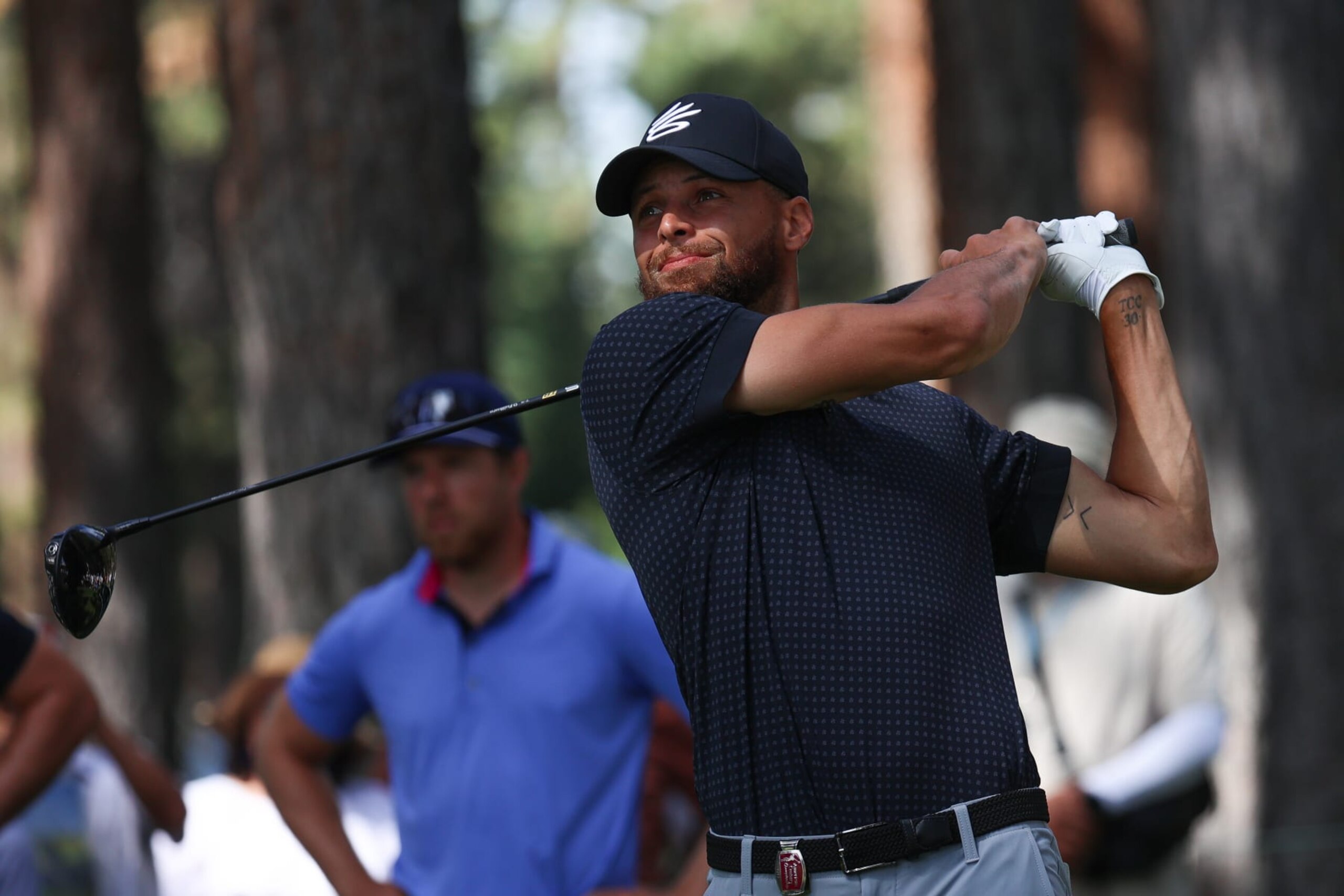 STATELINE, NEVADA - JULY 16: Stephen Curry of the NBA Golden State Warriors hits his tee on the 2nd hole on Day Three of the 2023 American Century Championship at Edgewood Tahoe Golf Course on July 16, 2023 in Stateline, Nevada. (Photo by Isaiah Vazquez/Getty Images)