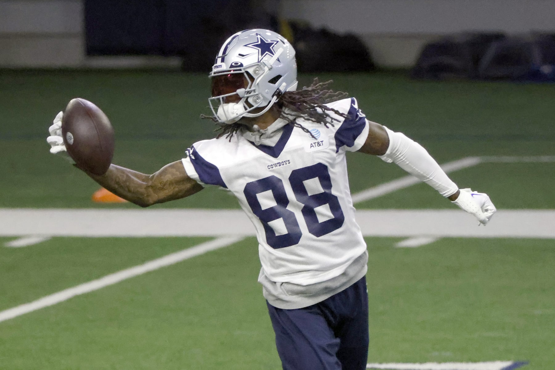 Dallas Cowboys wide receiver CeeDee Lamb (88) makes a catch during an NFL football practice at the team's training facility in Frisco, Texas, Thursday, May 25, 2023. (AP Photo/Michael Ainsworth)