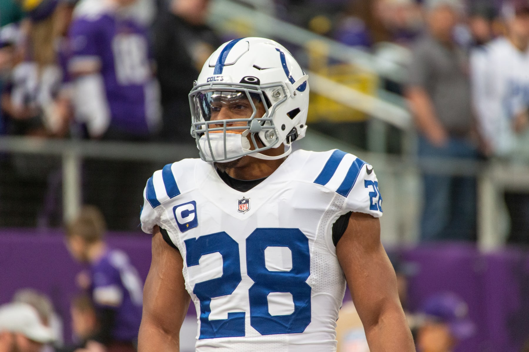 MINNEAPOLIS, MN - DECEMBER 17: Indianapolis Colts running back Jonathan Taylor (28) looks on before the NFL game between the Indianapolis Colts and Minnesota Vikings on December 17th, 2022, at U.S. Bank Stadium in Minneapolis, MN. (Photo by Bailey Hillesheim/Icon Sportswire via Getty Images)