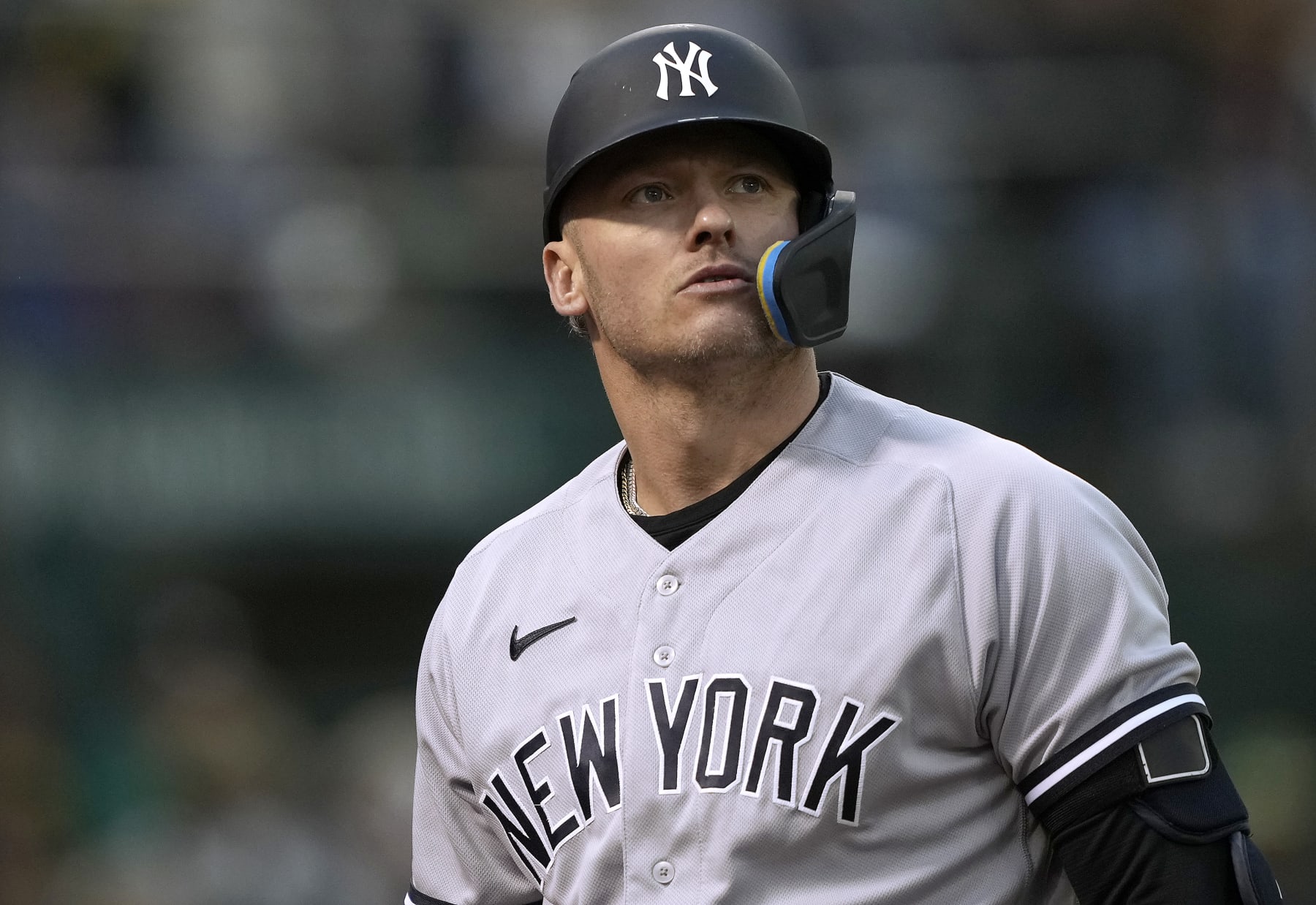 OAKLAND, CALIFORNIA - JUNE 28: Josh Donaldson #28 of the New York Yankees looks on walking back to the dugout after striking out against the Oakland Athletics in the top of the fifth inning at RingCentral Coliseum on June 28, 2023 in Oakland, California. (Photo by Thearon W. Henderson/Getty Images)