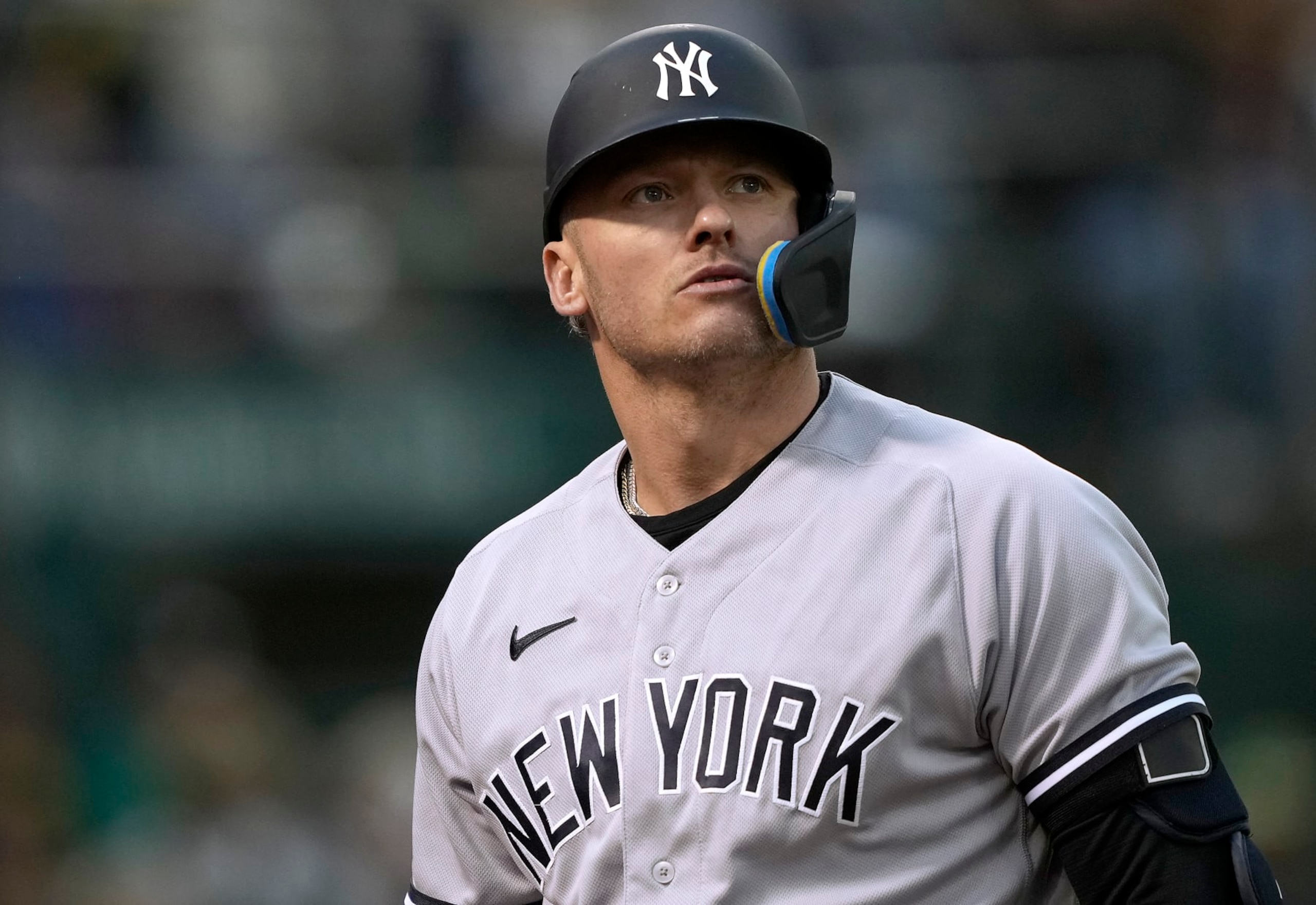 OAKLAND, CALIFORNIA - JUNE 28: Josh Donaldson #28 of the New York Yankees looks on walking back to the dugout after striking out against the Oakland Athletics in the top of the fifth inning at RingCentral Coliseum on June 28, 2023 in Oakland, California. (Photo by Thearon W. Henderson/Getty Images)