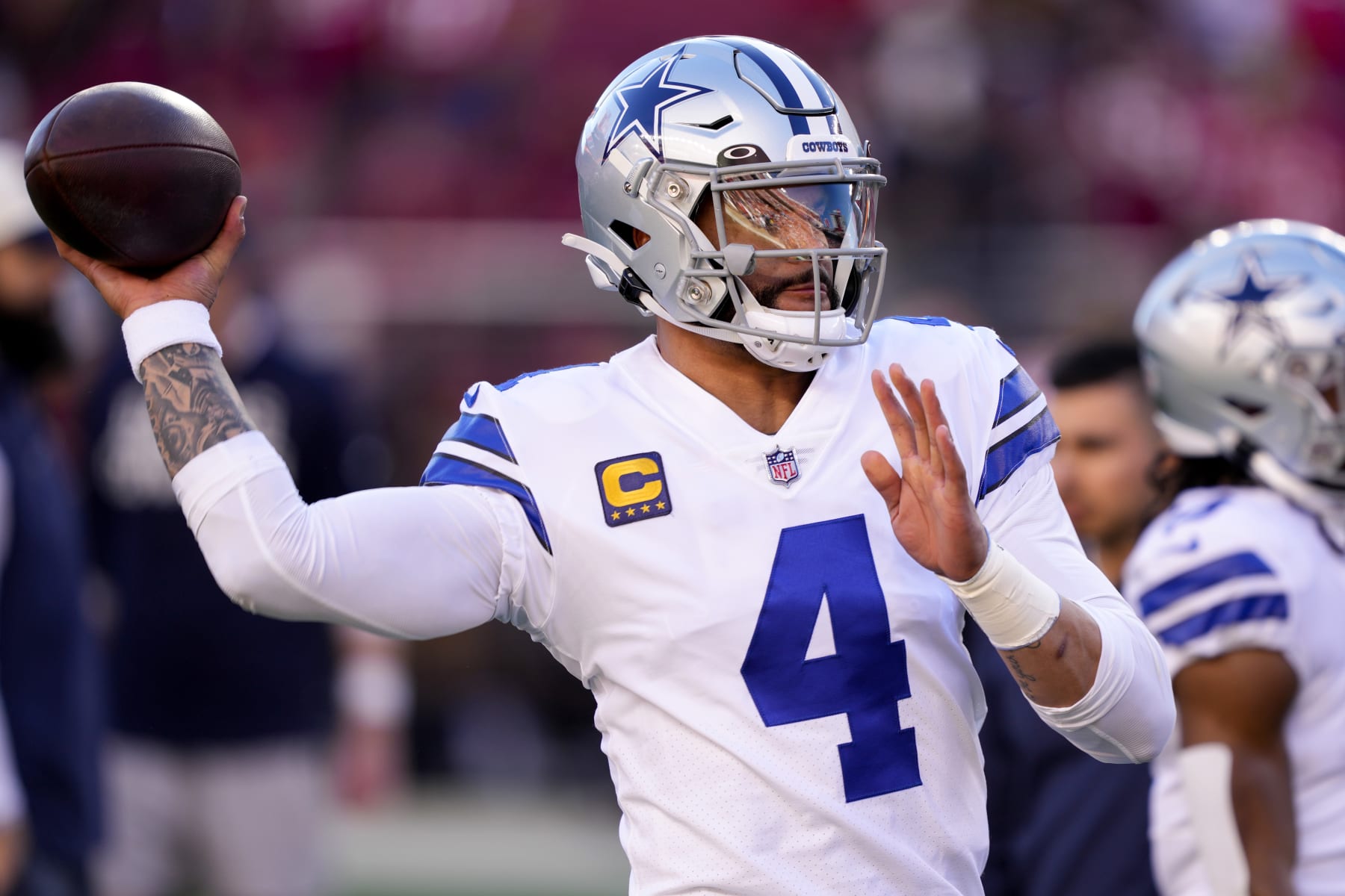 SANTA CLARA, CALIFORNIA - JANUARY 22: Dak Prescott #4 of the Dallas Cowboys warms up prior to a game against the San Francisco 49ers in the NFC Divisional Playoff game at Levi's Stadium on January 22, 2023 in Santa Clara, California. (Photo by Thearon W. Henderson/Getty Images)