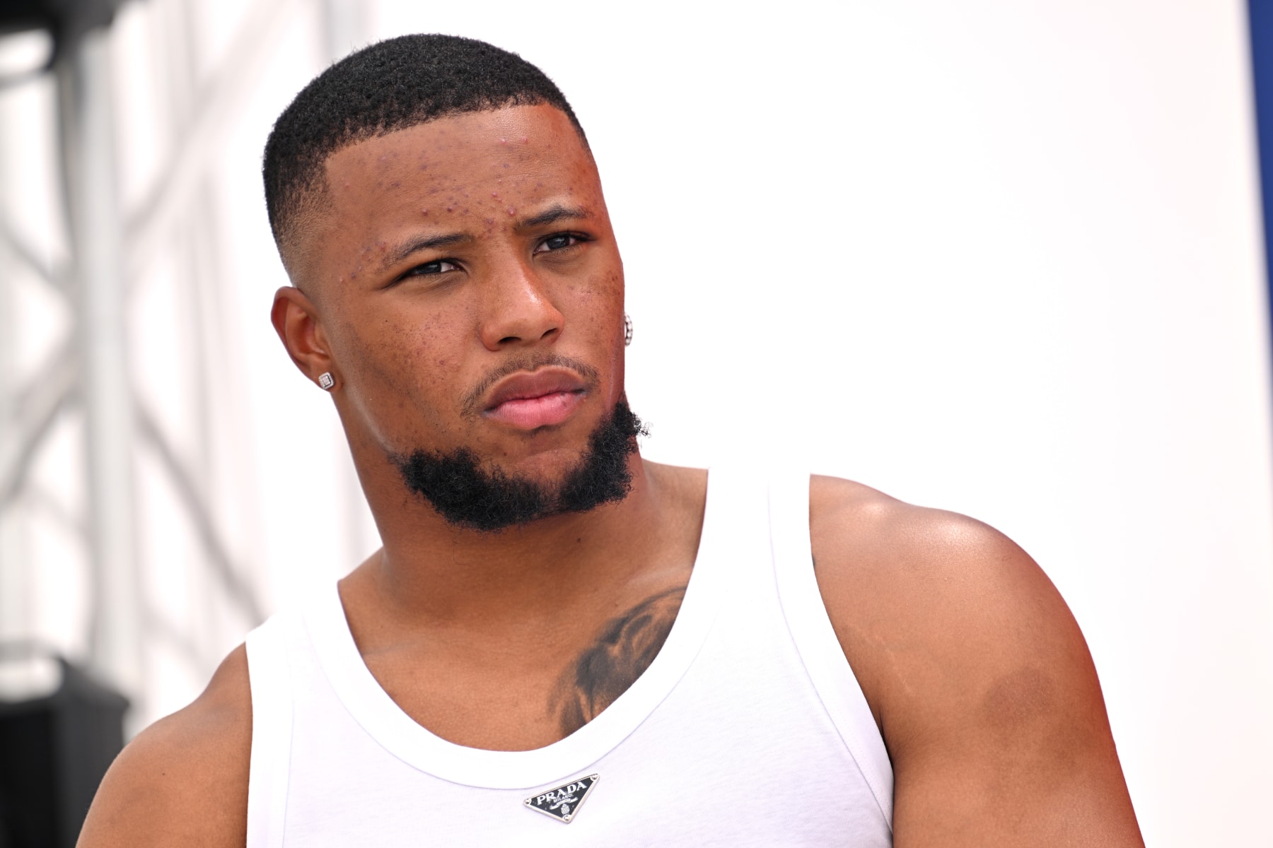 CANNES, FRANCE - JUNE 20: Saquon Barkley speaks on stage during Stagwell Panels at Cannes Lions on June 20, 2023 in Cannes, France. (Photo by Lionel Hahn/Getty Images for Stagwell)