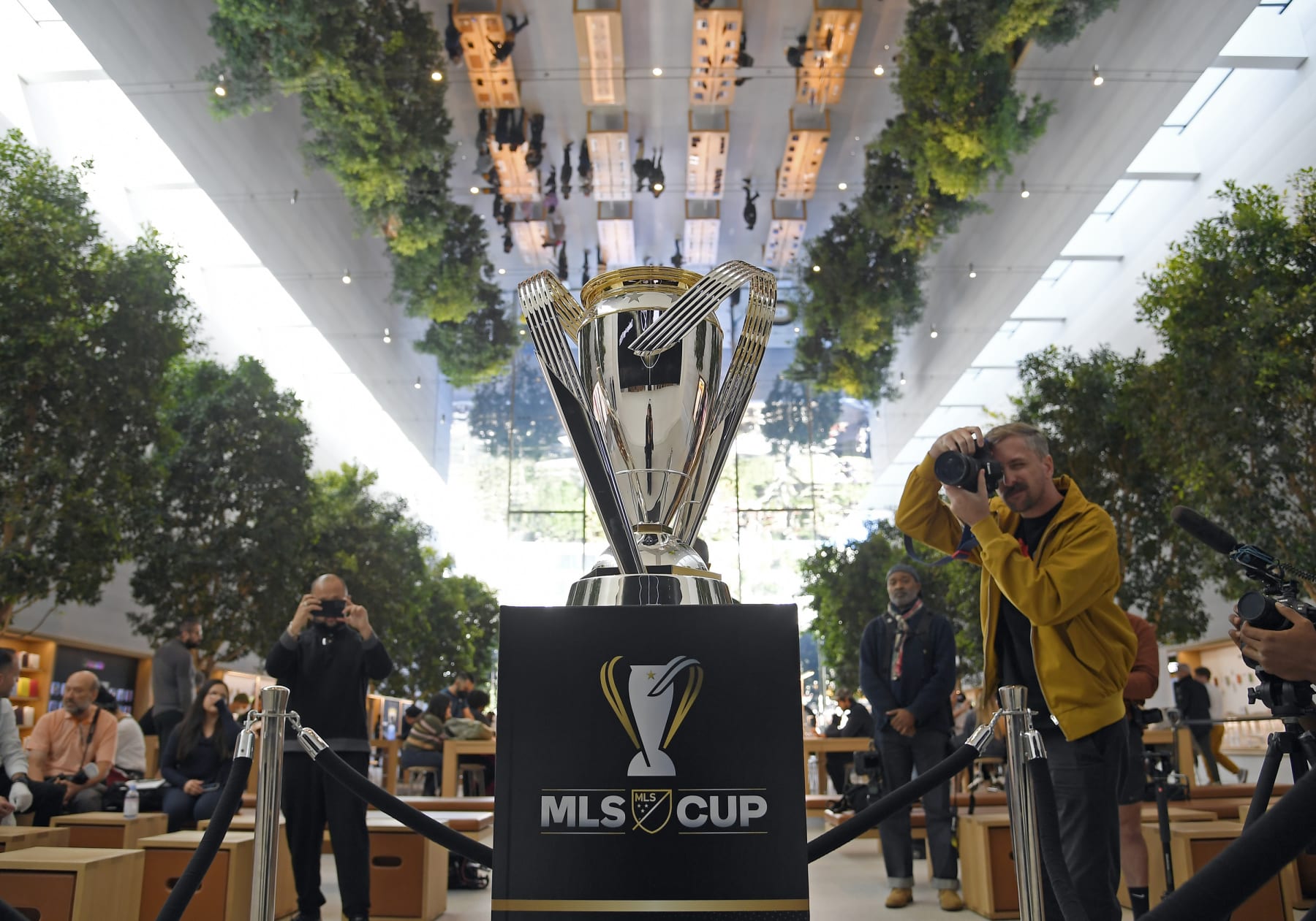 LOS ANGELES, CA - NOVEMBER 03: The MLS Cup trophy is displayed at the Apple retail store at The Grove on November 3, 2022 in Los Angeles, California. Philadelphia Union and Los Angeles FC will play for the MLS championship game at the Banc of California Stadium  on November 5, 2022, in Los Angeles, California.(Photo by Kevork Djansezian/Getty Images)