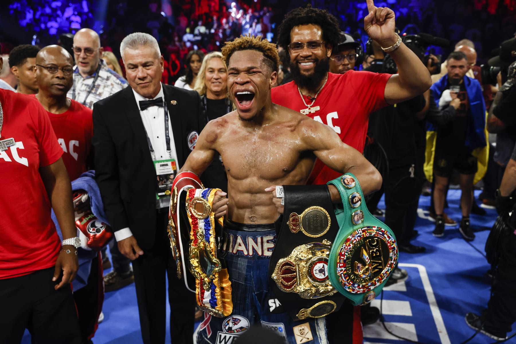 LAS VEGAS, NEVADA - MAY 20: Devin Haney celebrates after defeating Vasyl  Lomachenko of Ukraine during their Undisputed lightweight championship fight at MGM Grand Garden Arena on May 20, 2023 in Las Vegas, Nevada. (Photo by Sarah Stier/Getty Images)