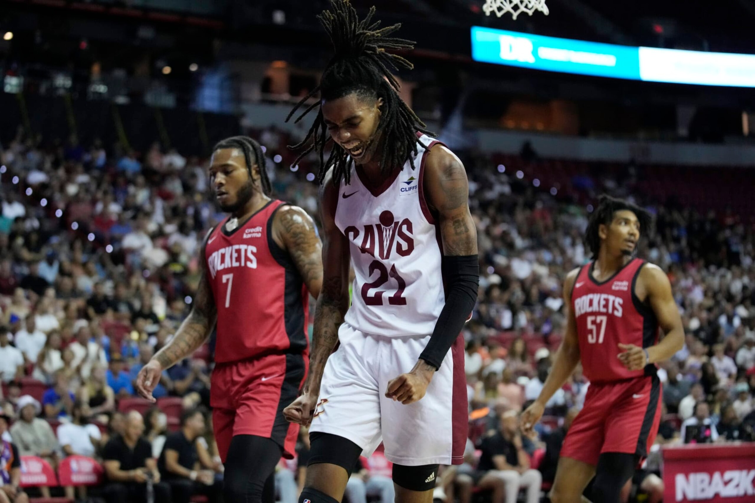 Cleveland Cavaliers' Emoni Bates celebrates after a play against the Houston Rockets during the first half of a NBA summer league championship basketball game Monday, July 17, 2023, in Las Vegas. (AP Photo/John Locher)