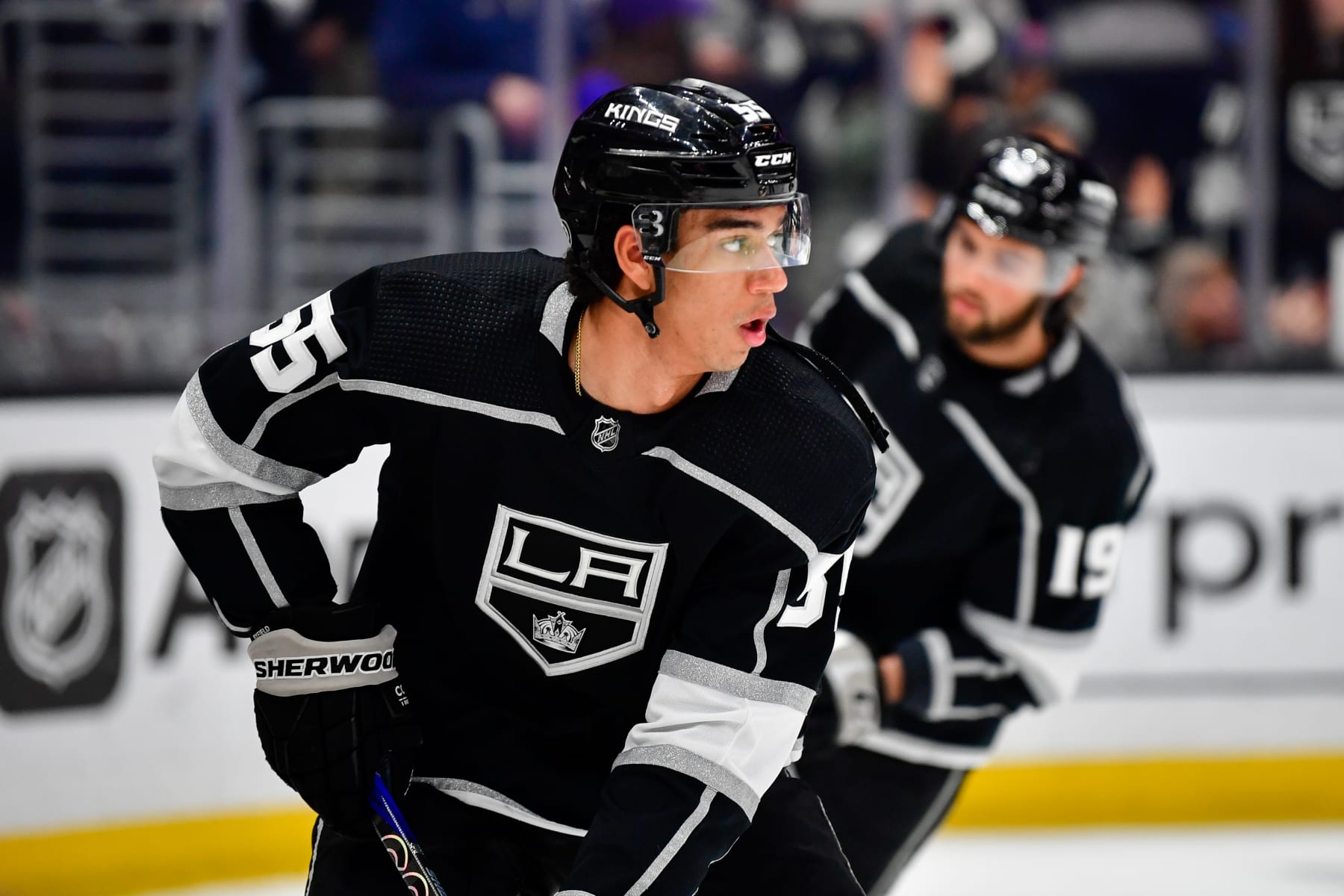 LOS ANGELES, CA - APRIL 4: Quinton Byfield #55 of the Los Angeles Kings skates on the ice during warm ups prior to the game against the Edmonton Oilers at Crypto.com Arena on April 4, 2023 in Los Angeles, California. (Photo by Gary A. Vasquez/NHLI via Getty Images)