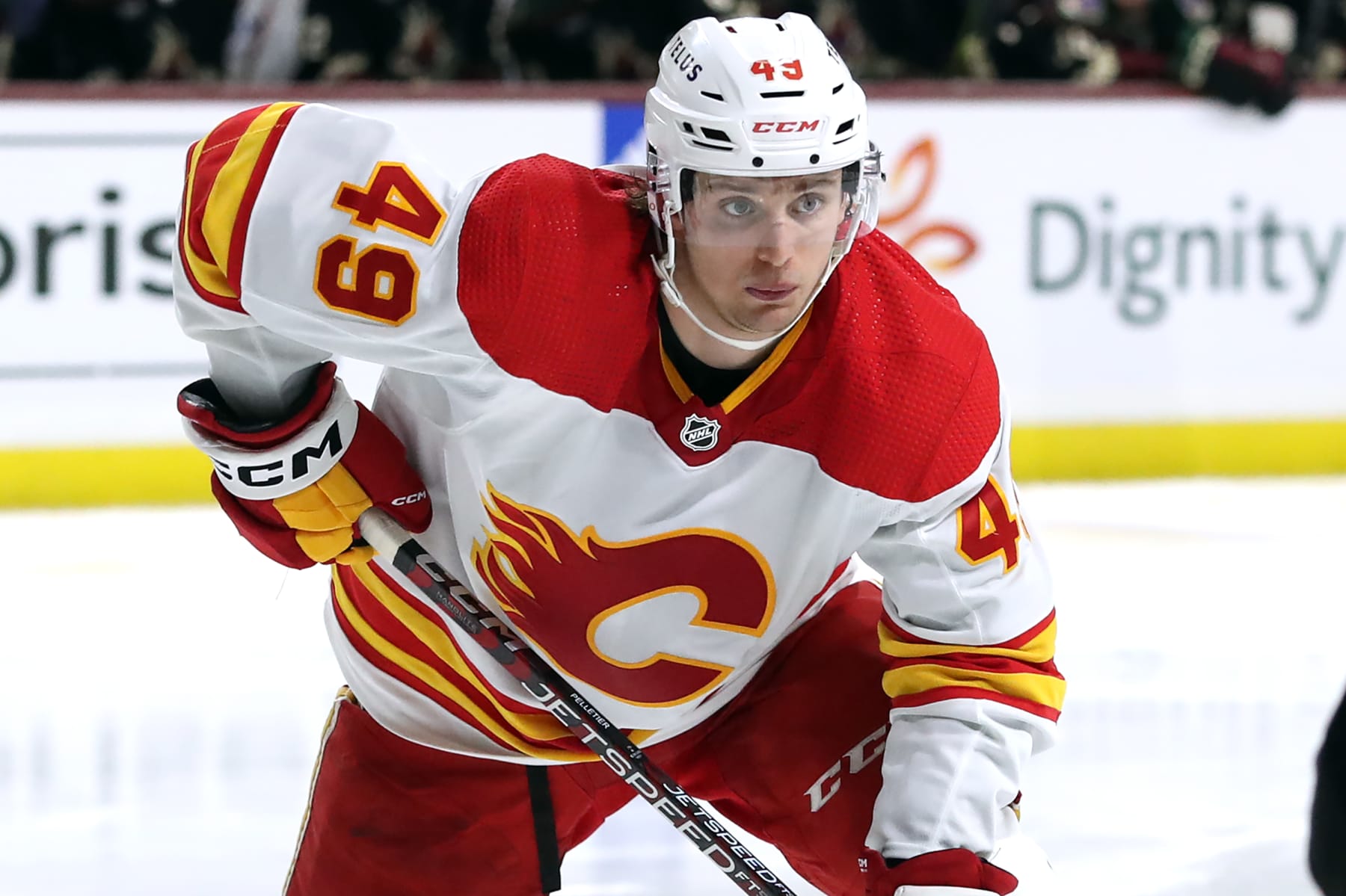 TEMPE, ARIZONA - MARCH 14: Jakob Pelletier #49 of the Calgary Flames skates against the Arizona Coyotes at Mullett Arena on March 14, 2023 in Tempe, Arizona. (Photo by Zac BonDurant/Getty Images)