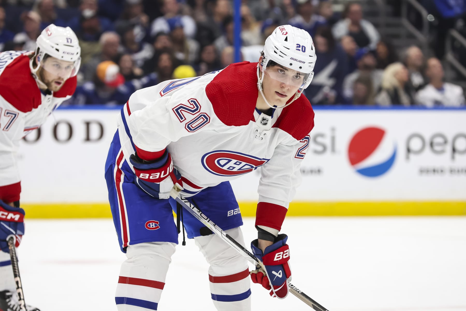 TAMPA, FL - DECEMBER 28: Juraj Slafkovsky #20 of the Montreal Canadiens against the Tampa Bay Lightning during the first period at Amalie Arena on December 28, 2022 in Tampa, Florida. (Photo by Mark LoMoglio/NHLI via Getty Images)