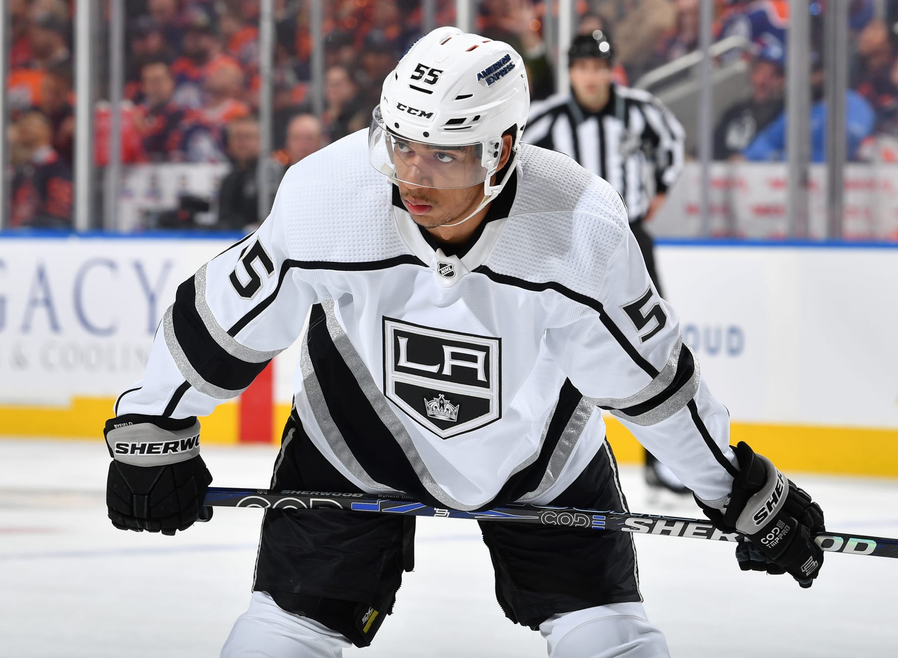 EDMONTON, CANADA - APRIL 19: Quinton Byfield #55 of the Los Angeles Kings awaits a face-off in Game Two of the First Round of the 2023 Stanley Cup Playoffs against the Edmonton Oilers at Rogers Place on April 19, 2023, in Edmonton, Alberta, Canada. (Photo by Andy Devlin/NHLI via Getty Images)
