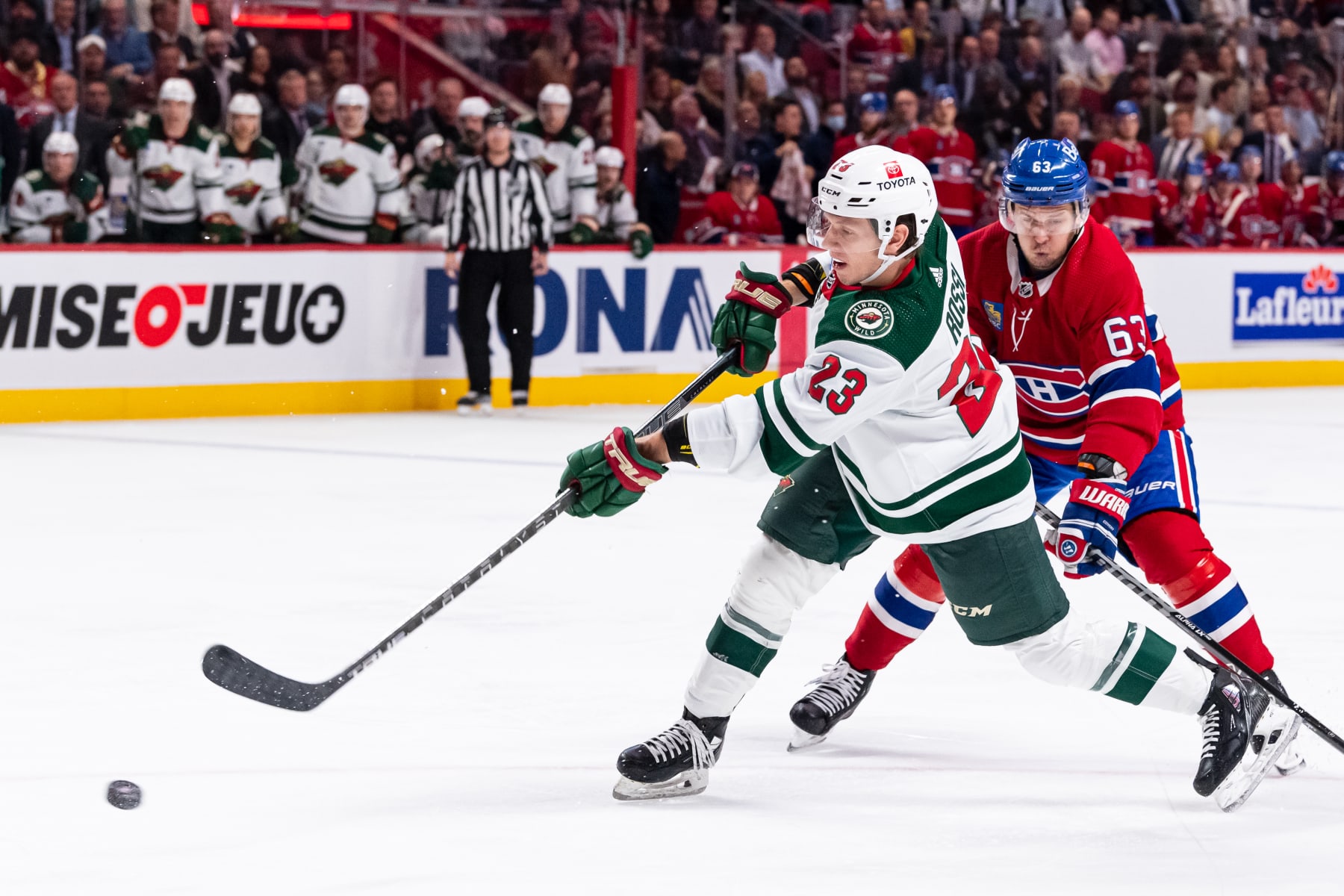 MONTREAL, CANADA - OCTOBER 25: Marco Rossi #23 of the Minnesota Wild takes a shot on goal during the second period of the NHL regular season game between the Montreal Canadiens and the Minnesota Wild at the Bell Centre on October 25, 2022 in Montreal, Quebec, Canada. (Photo by Francois Lacasse/NHLI via Getty Images)