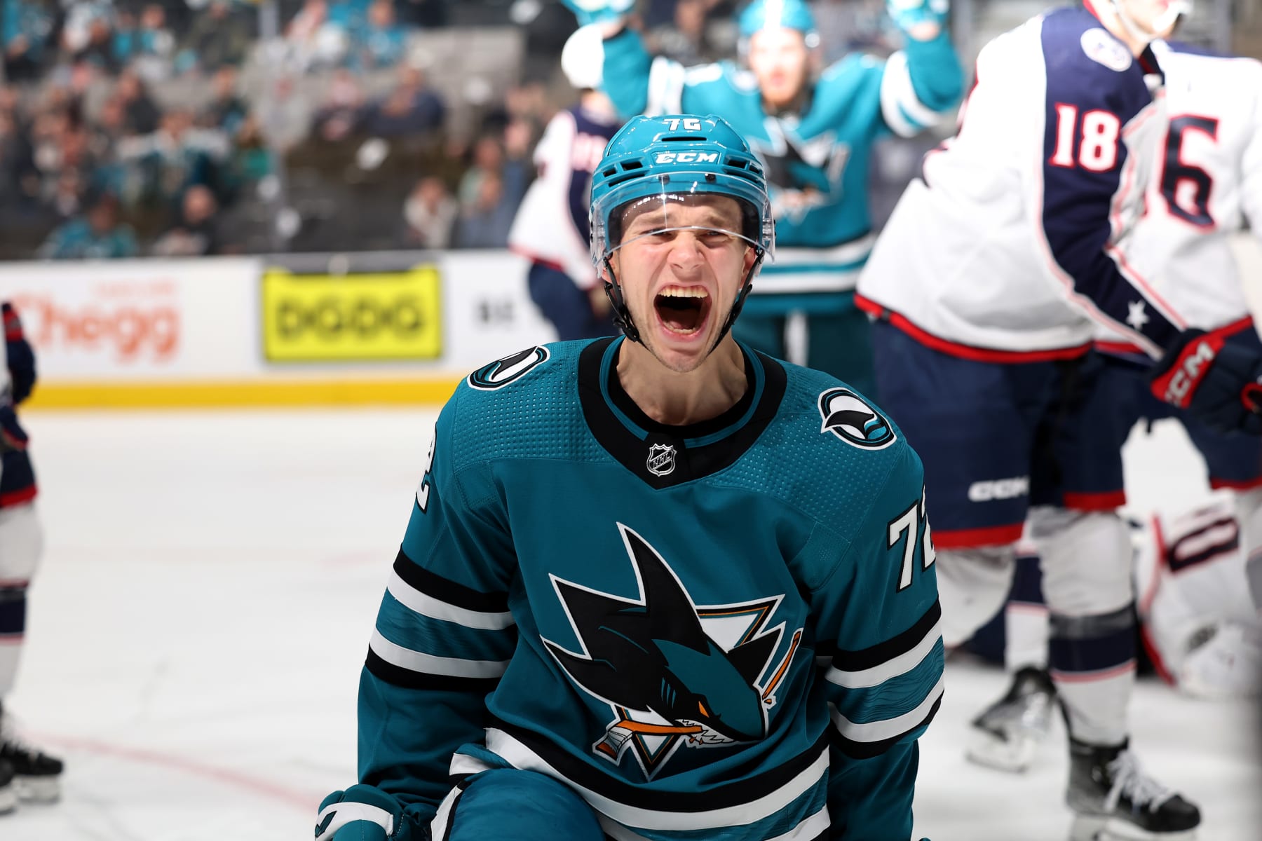 SAN JOSE, CALIFORNIA - MARCH 14: William Eklund #72 of the San Jose Sharks reacts after he scored his first NHL goal in the second period against the Columbus Blue Jackets at SAP Center on March 14, 2023 in San Jose, California. (Photo by Ezra Shaw/Getty Images)