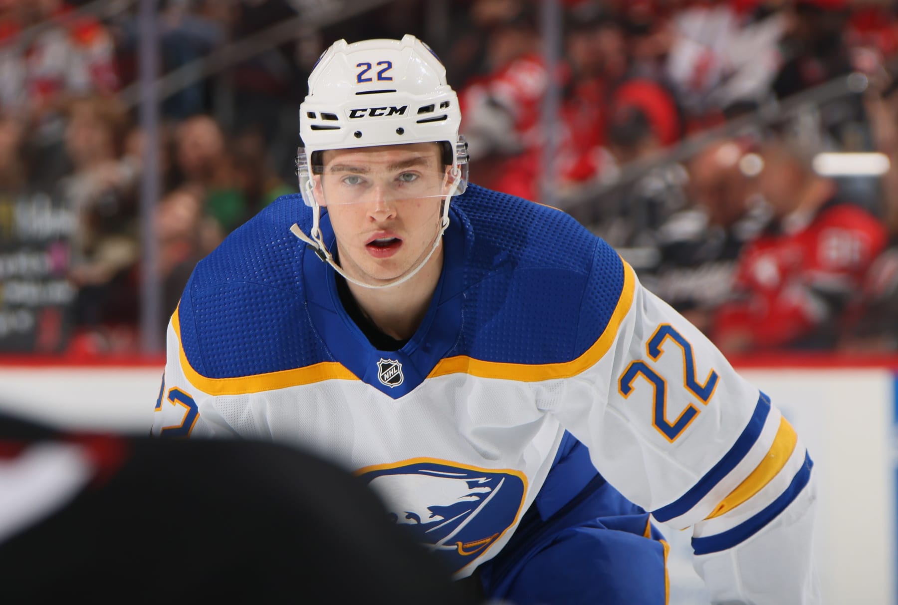 NEWARK, NEW JERSEY - APRIL 11: Jack Quinn #22 of the Buffalo Sabres against the New Jersey Devils at the Prudential Center on April 11, 2023 in Newark, New Jersey. (Photo by Bruce Bennett/Getty Images)