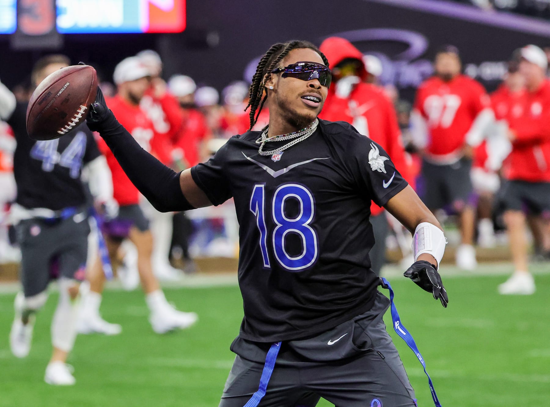 LAS VEGAS, NEVADA - FEBRUARY 05: Justin Jefferson #18 of the Minnesota Vikings and NFC reacts after trying to score against the AFC during the 2023 NFL Pro Bowl Games at Allegiant Stadium on February 05, 2023 in Las Vegas, Nevada. (Photo by Ethan Miller/Getty Images)