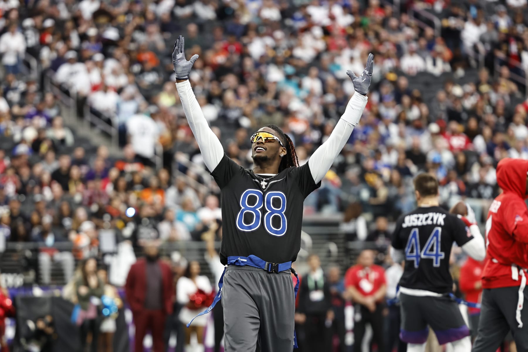 LAS VEGAS, NEVADA - FEBRUARY 05: LAS VEGAS, NEVADA - FEBRUARY 05: NFC wide receiver CeeDee Lamb #88 of the Dallas Cowboys celebrates in the end zone during an NFL Pro Bowl football game at Allegiant Stadium on February 05, 2023 in Las Vegas, Nevada. (Photo by Michael Owens/Getty Images)