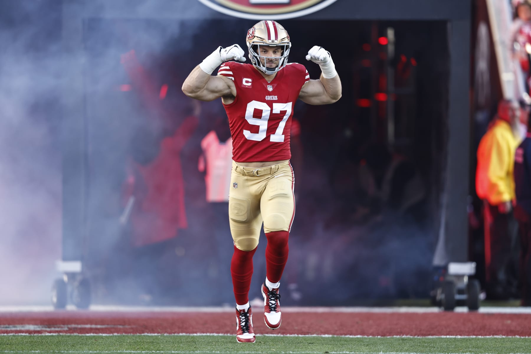 SANTA CLARA, CALIFORNIA - JANUARY 22: Nick Bosa #97 of the San Francisco 49ers reacts as he takes the field prior to an NFL divisional round playoff football game between the San Francisco 49ers and the Dallas Cowboys at Levi's Stadium on January 22, 2023 in Santa Clara, California. (Photo by Michael Owens/Getty Images)