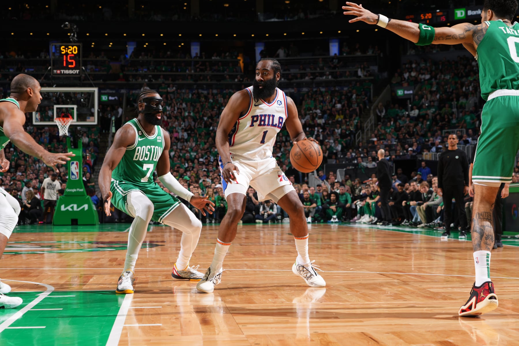 BOSTON, MA - MAY 14: James Harden #1 of the Philadelphia 76ers dribbles the ball during Game Seven of the Eastern Conference Semi-Finals of the 2023 NBA Playoffs against the Boston Celtics on May 14, 2023 at the TD Garden in Boston, Massachusetts. NOTE TO USER: User expressly acknowledges and agrees that, by downloading and or using this photograph, User is consenting to the terms and conditions of the Getty Images License Agreement. Mandatory Copyright Notice: Copyright 2023 NBAE  (Photo by Jesse D. Garrabrant/NBAE via Getty Images)
