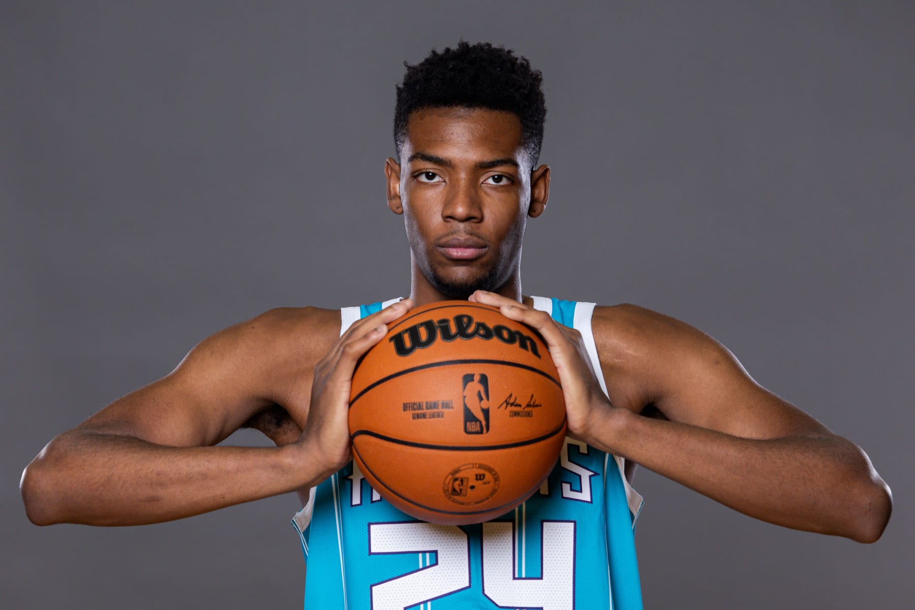 LAS VEGAS, NEVADA - JULY 14: Brandon Miller #24 of the Charlotte Hornets poses for a portrait during the 2023 NBA rookie photo shoot at UNLV on July 14, 2023 in Las Vegas, Nevada. (Photo by Jamie Squire/Getty Images)