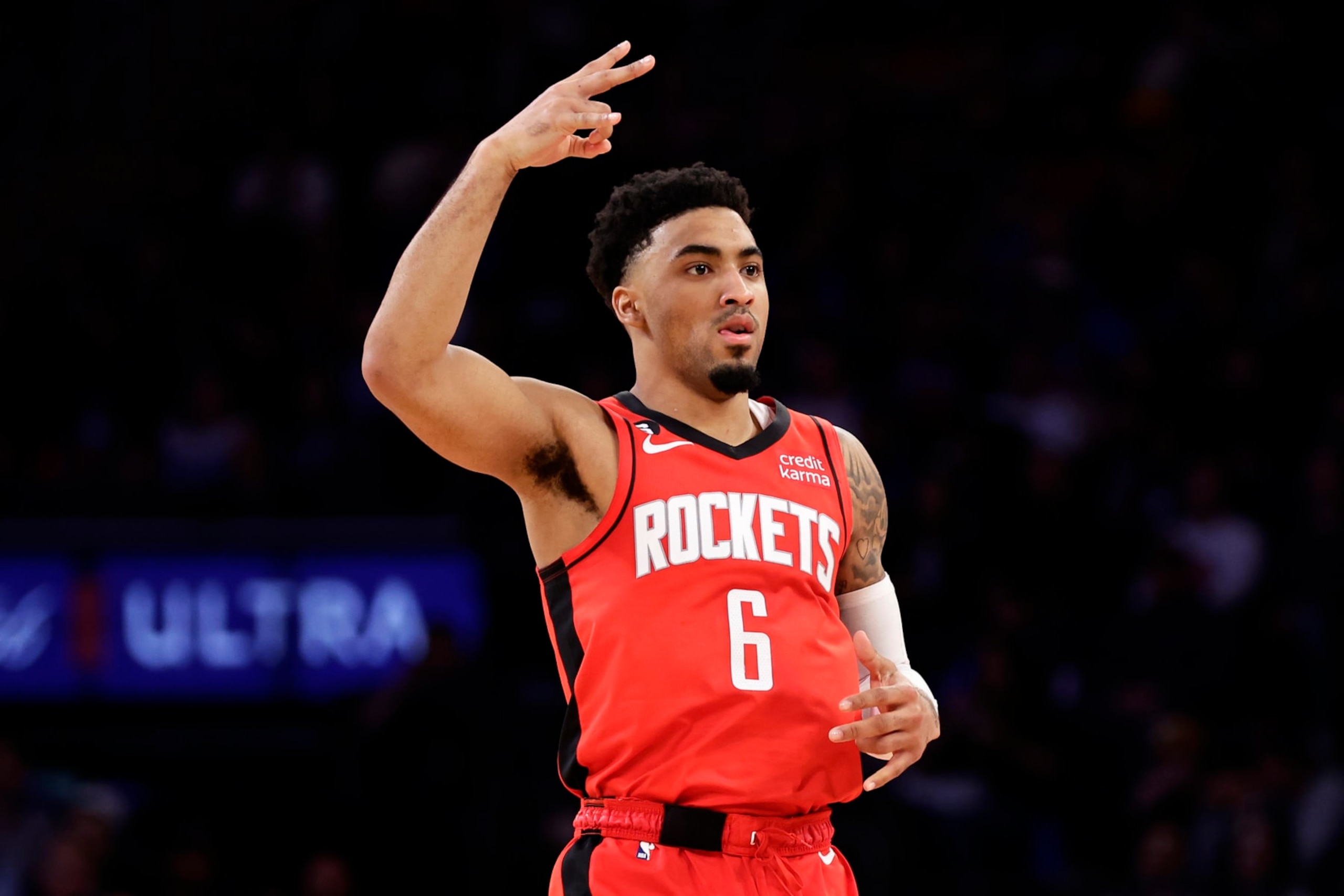 Houston Rockets forward Kenyon Martin Jr. reacts after making a three point basket against the New York Knicks during the first half of an NBA basketball game Monday, March 27, 2023, in New York. (AP Photo/Adam Hunger)