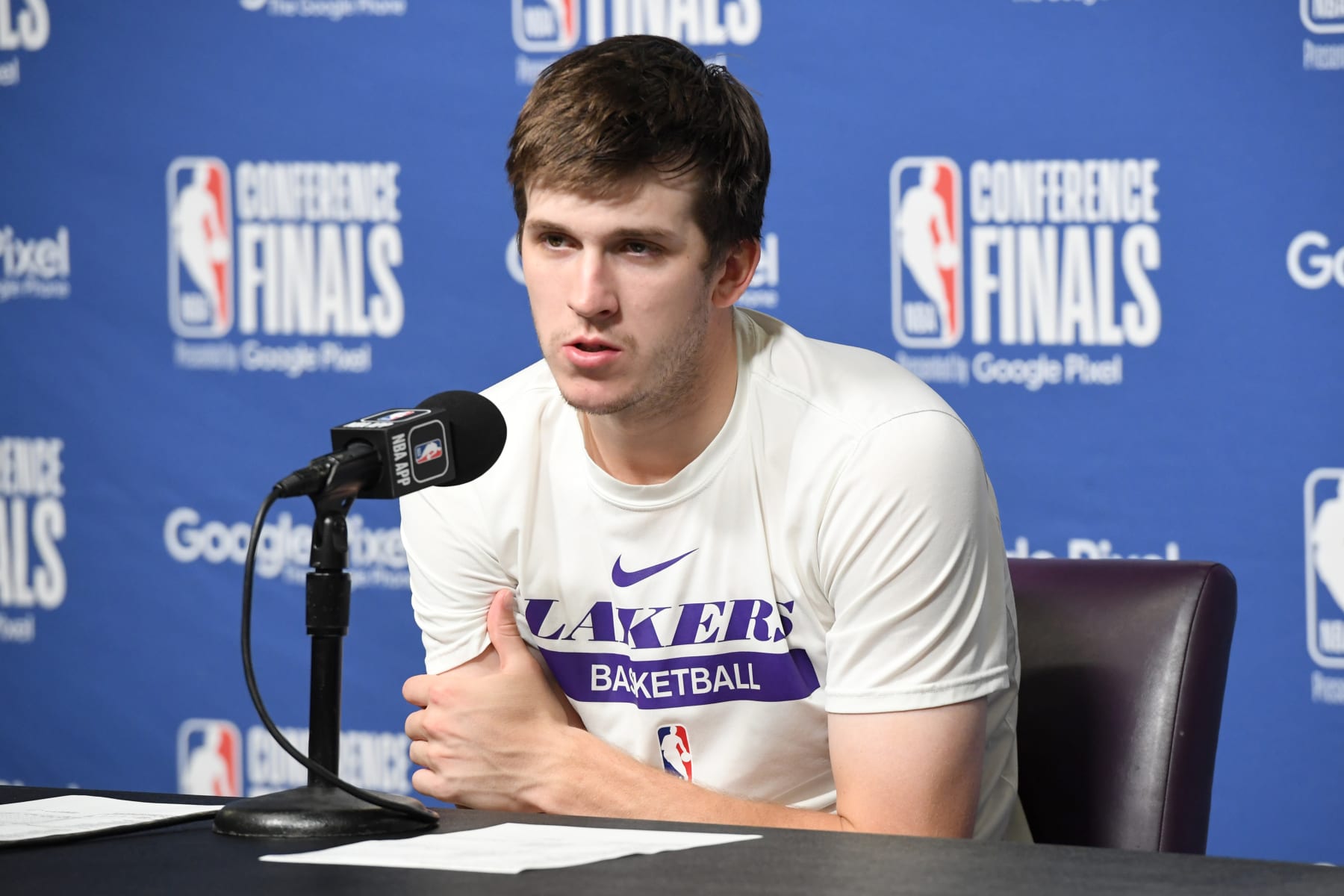 LOS ANGELES, CA - MAY 20: Austin Reaves #15 of the Los Angeles Lakers talks to the press after Game 3 of the 2023 NBA Playoffs Western Conference Finals against the Denver Nuggets on May 20, 2023 at Crypto.Com Arena in Los Angeles, California. NOTE TO USER: User expressly acknowledges and agrees that, by downloading and/or using this Photograph, user is consenting to the terms and conditions of the Getty Images License Agreement. Mandatory Copyright Notice: Copyright 2023 NBAE (Photo by Andrew D. Bernstein/NBAE via Getty Images)