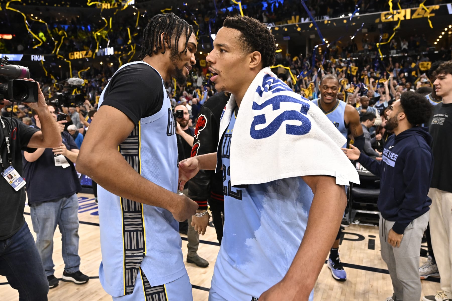 MEMPHIS, TN - APRIL 26: Desmond Bane #22 and Ziaire Williams #8 of the Memphis Grizzlies after Round One Game Five of the 2023 NBA Playoffs against the Los Angeles Lakers on April 26, 2023 at FedExForum in Memphis, Tennessee. NOTE TO USER: User expressly acknowledges and agrees that, by downloading and or using this photograph, User is consenting to the terms and conditions of the Getty Images License Agreement. Mandatory Copyright Notice: Copyright 2023 NBAE (Photo by David Dow/NBAE via Getty Images)