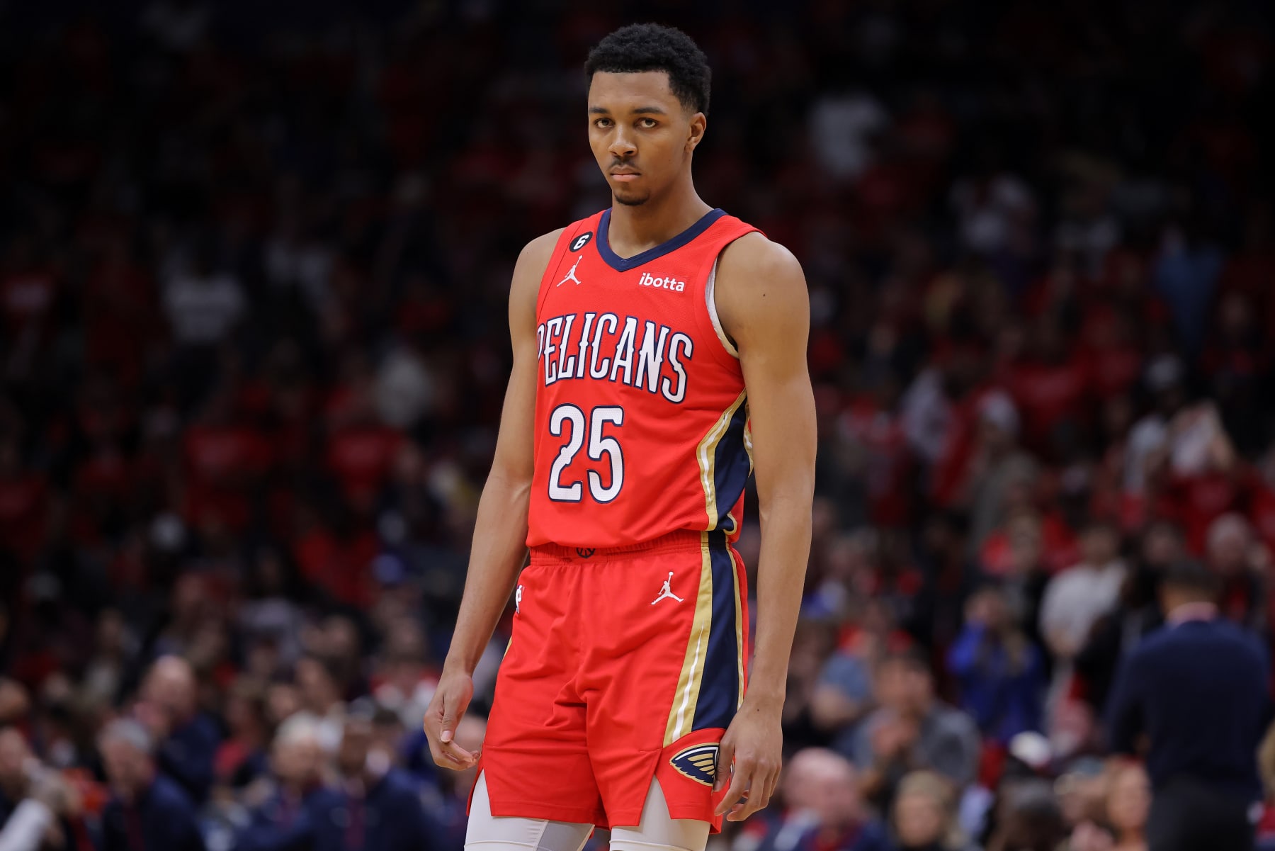 NEW ORLEANS, LOUISIANA - APRIL 12: Trey Murphy III #25 of the New Orleans Pelicans reacts against the Oklahoma City Thunder during a game at the Smoothie King Center on April 12, 2023 in New Orleans, Louisiana. NOTE TO USER: User expressly acknowledges and agrees that, by downloading and or using this Photograph, user is consenting to the terms and conditions of the Getty Images License Agreement. (Photo by Jonathan Bachman/Getty Images)