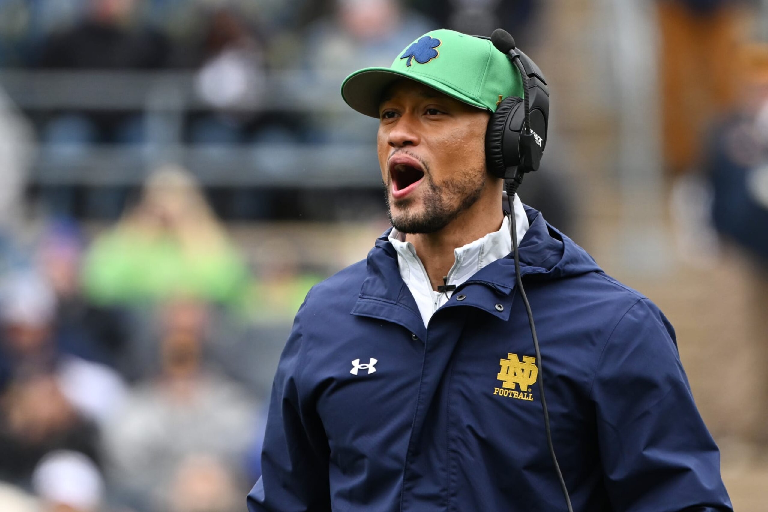 SOUTH BEND, INDIANA - APRIL 22: Head coach Marcus Freeman reacts during the Notre Dame Blue-Gold Spring Football Game at Notre Dame Stadium on April 22, 2023 in South Bend, Indiana. (Photo by Quinn Harris/Getty Images)