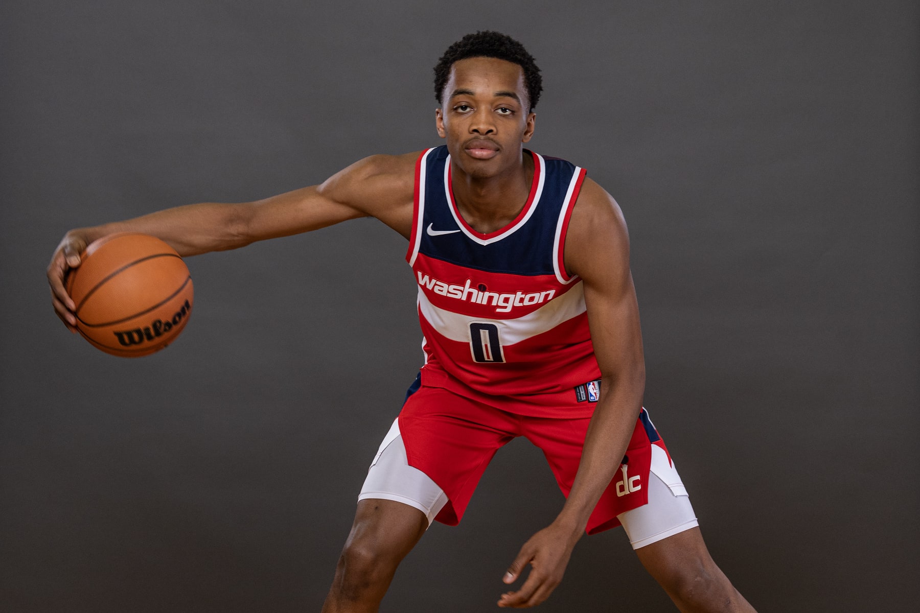 LAS VEGAS, NEVADA - JULY 12: Bilal Coulibaly #0 of the Washington Wizards poses for a portrait during the 2023 NBA rookie photo shoot at UNLV on July 12, 2023 in Las Vegas, Nevada. (Photo by Jamie Squire/Getty Images)